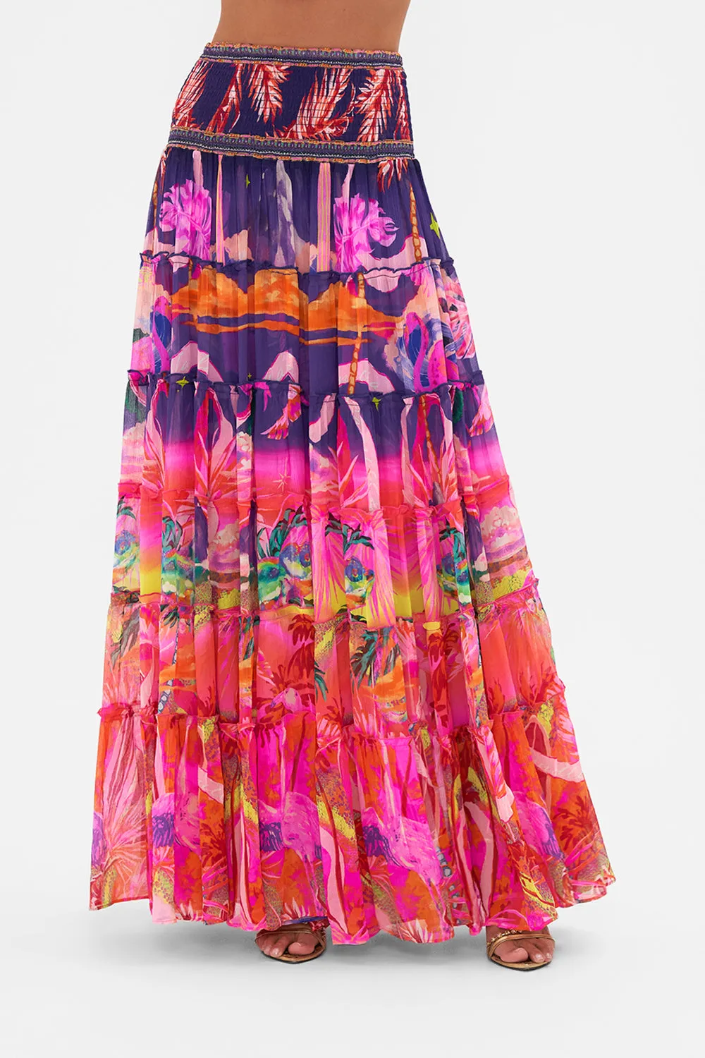 SHEER TIERED MAXI SKIRT FLIGHT OF THE FLAMINGO