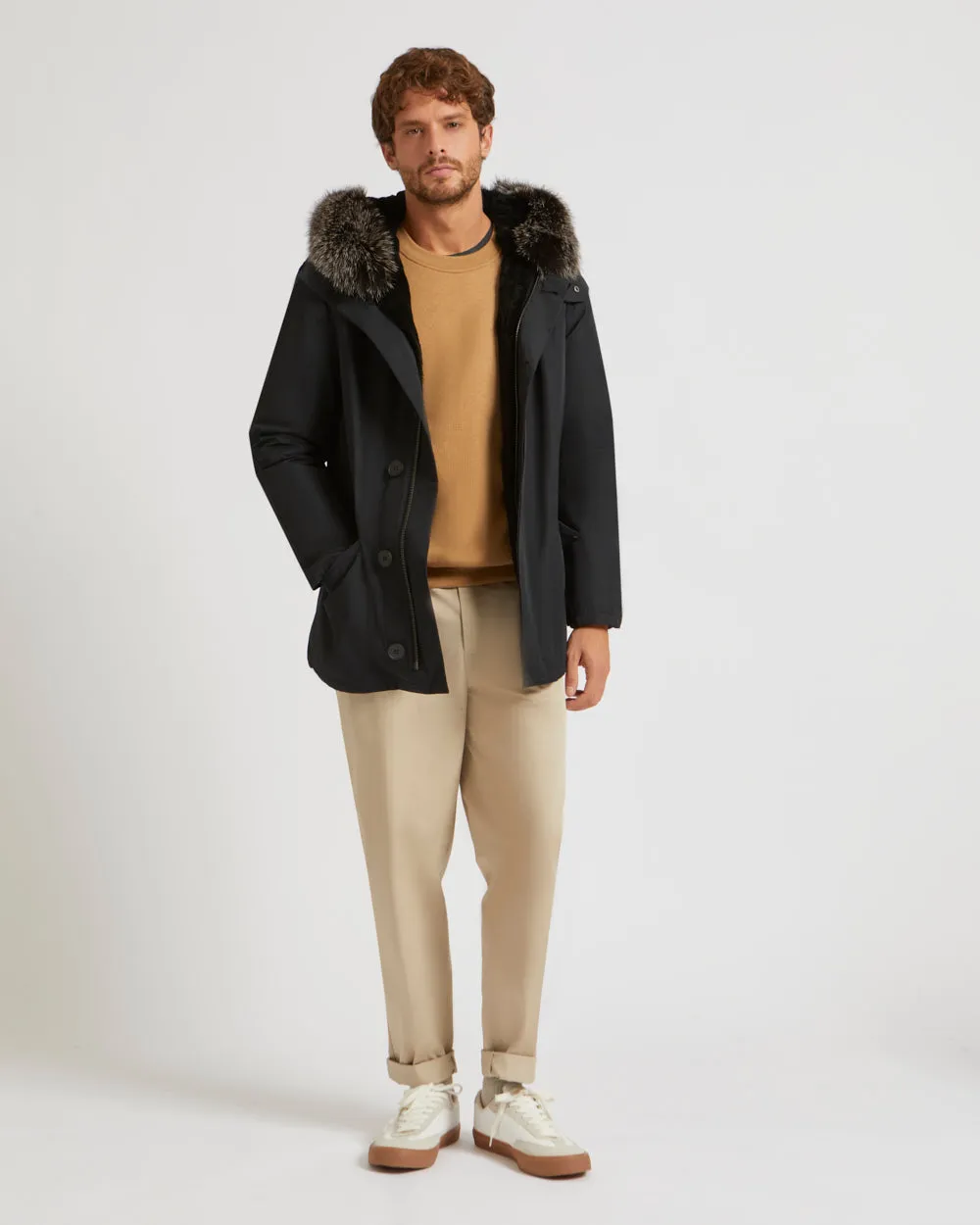 Short Iconic Parka In Cotton Blend And Fur