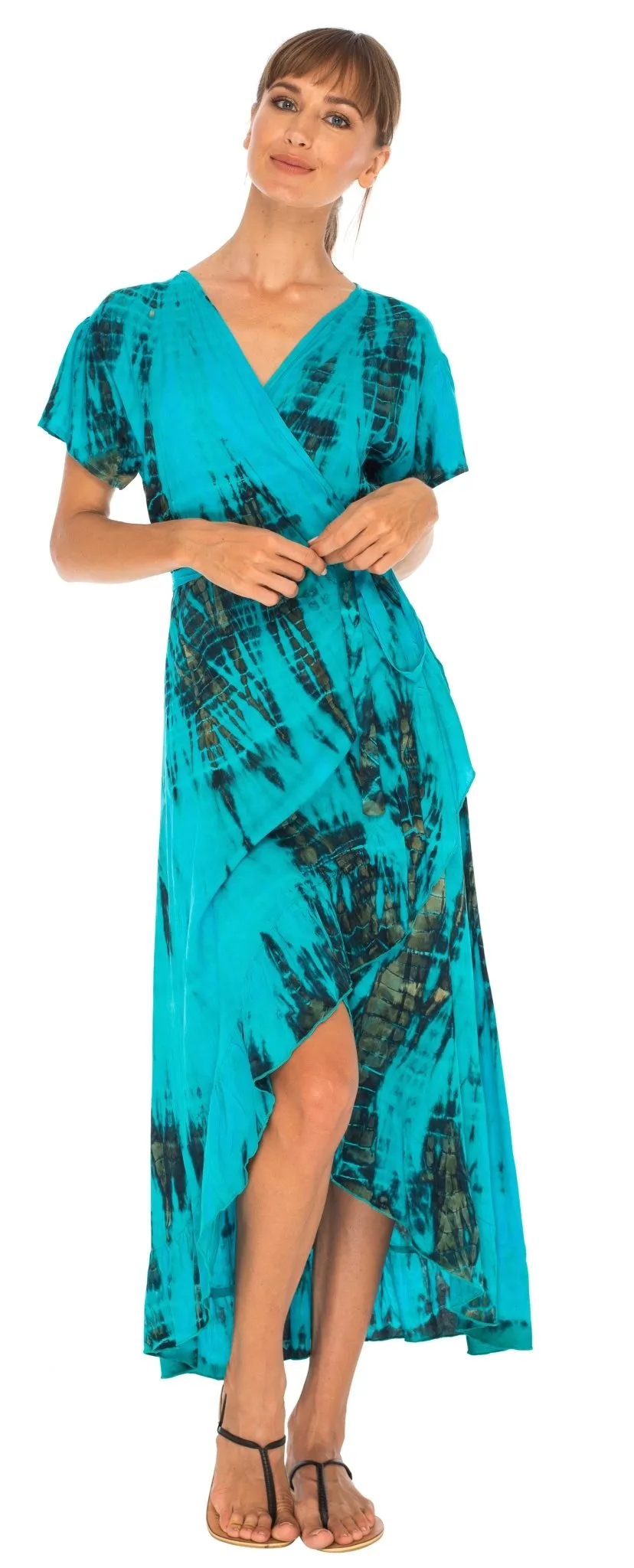 SHU-SHI Women's Boho Maxi Wrap Dress - Casual V-Neck Tie Dye Sundress