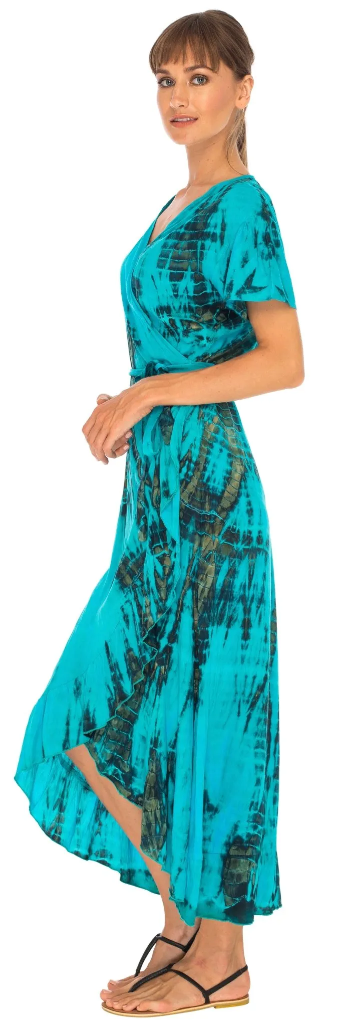 SHU-SHI Women's Boho Maxi Wrap Dress - Casual V-Neck Tie Dye Sundress