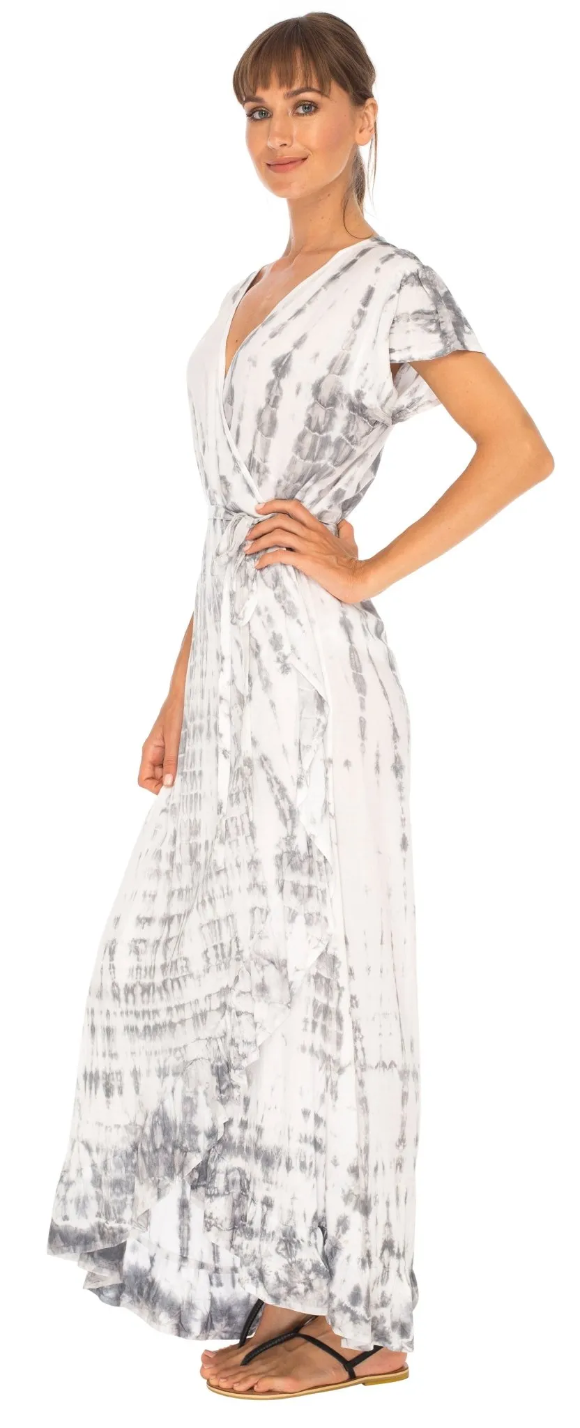 SHU-SHI Women's Boho Maxi Wrap Dress - Casual V-Neck Tie Dye Sundress