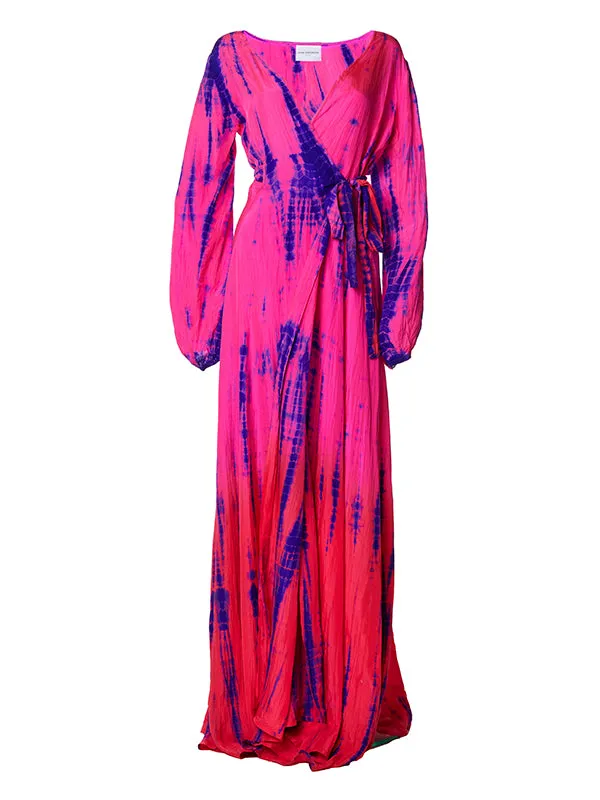 Silk Long Sleeve Wrap Dress - Fuchsia Orange