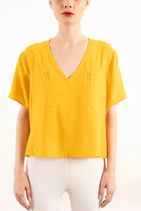 Silk V Neck Tee with Pockets - YVETT