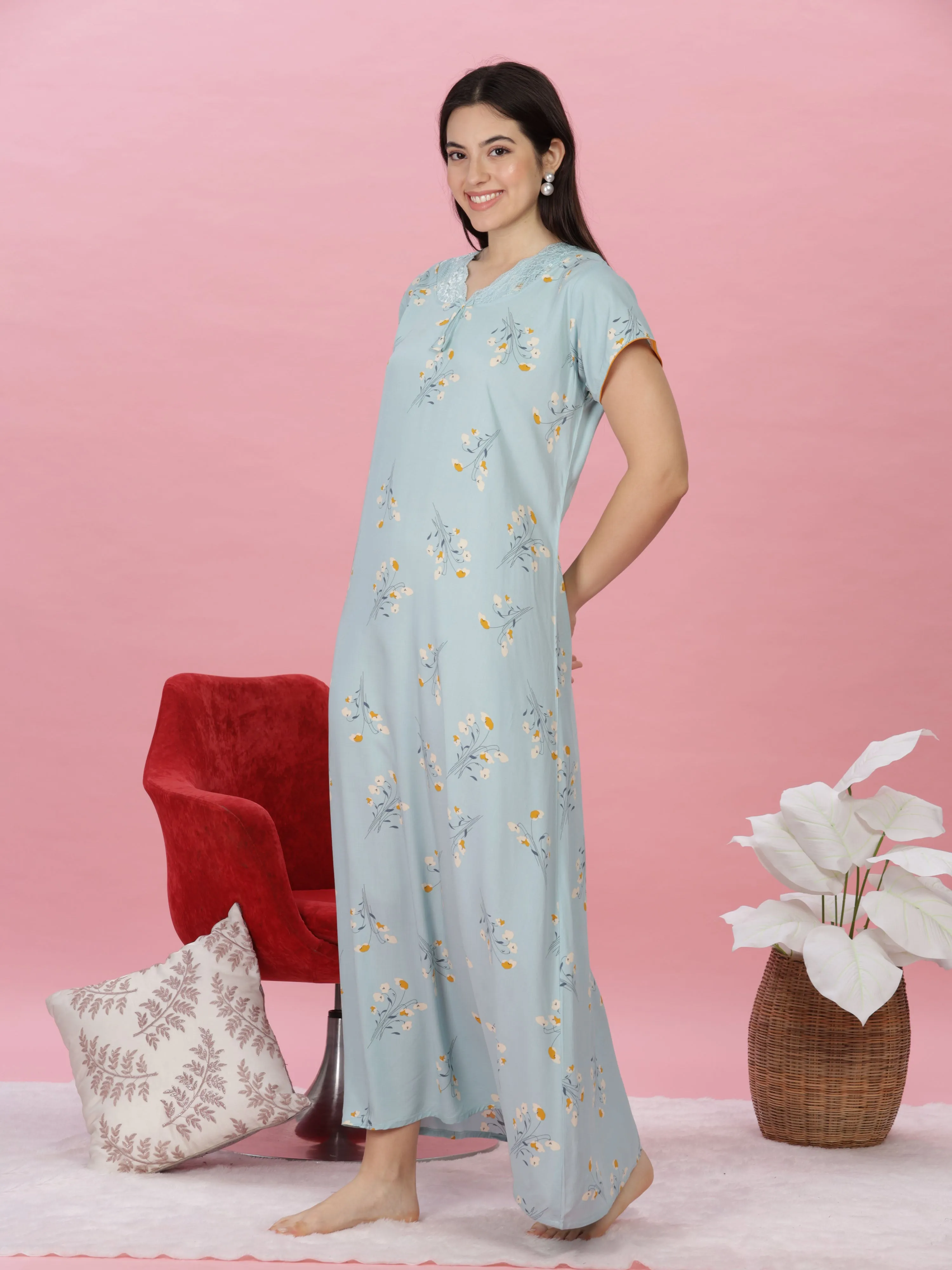 Sky Blue Lace-Trimmed Rayon Maxi Nightdress