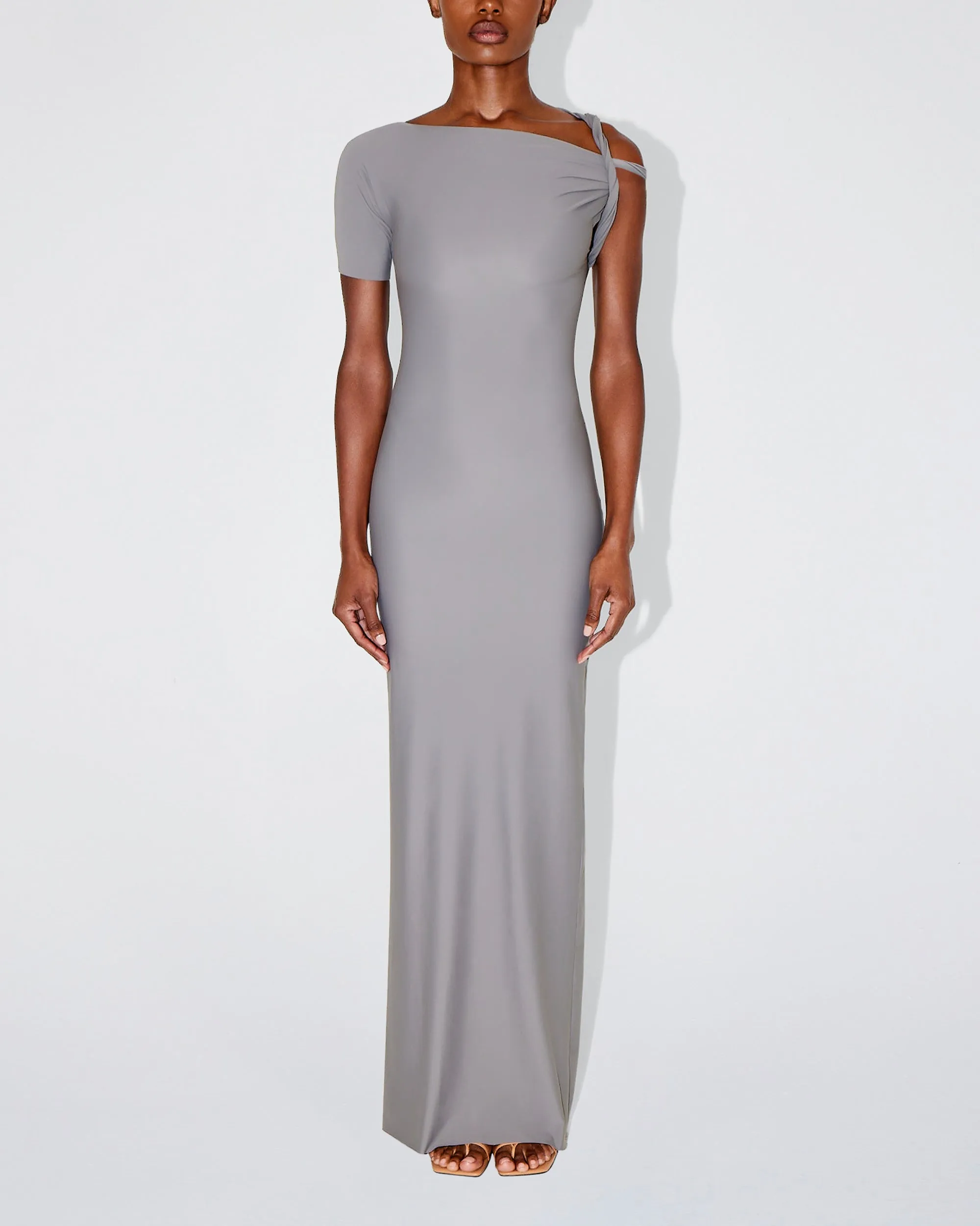 Sleek Stretch Twist Maxi Dress | Steel Grey