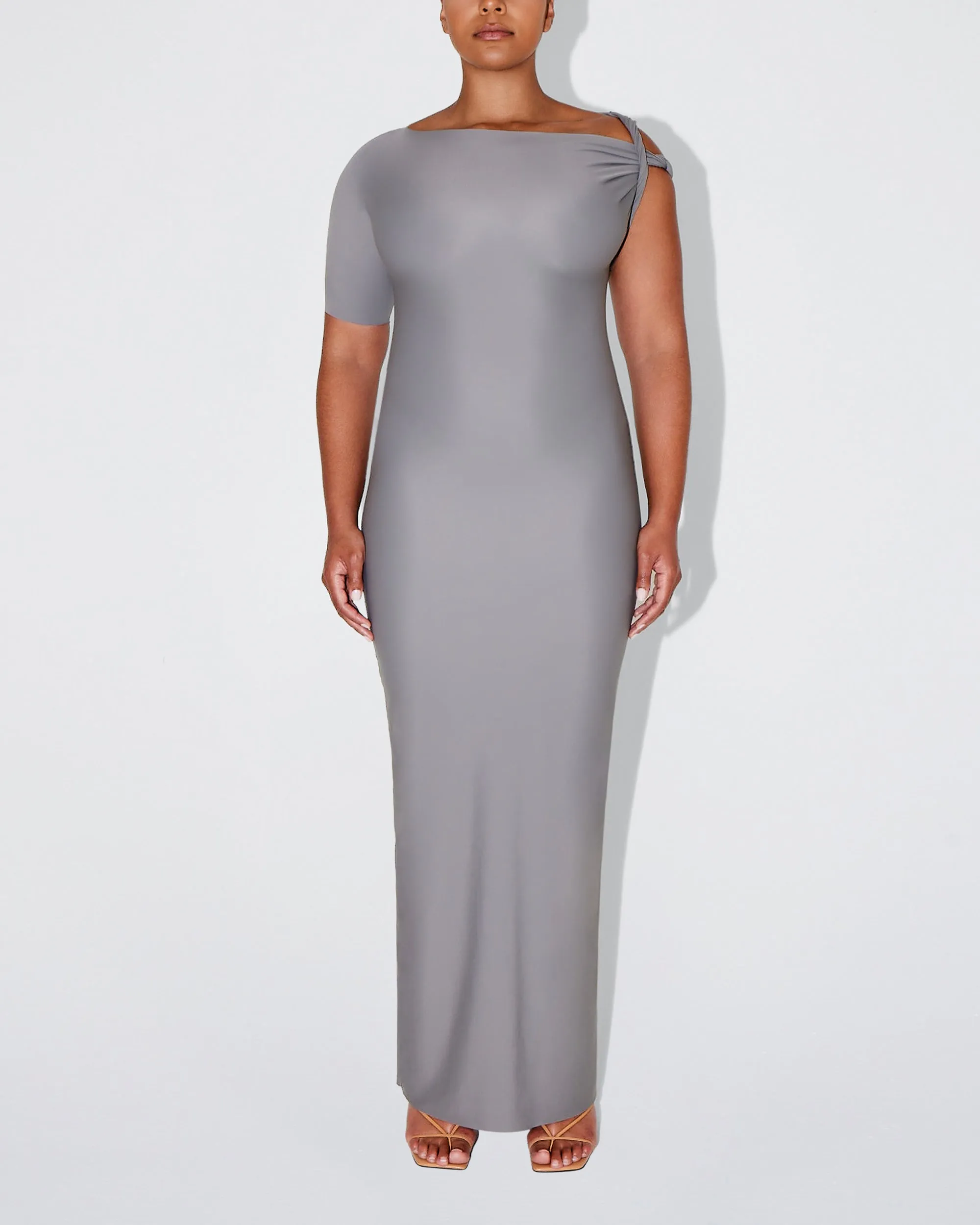 Sleek Stretch Twist Maxi Dress | Steel Grey