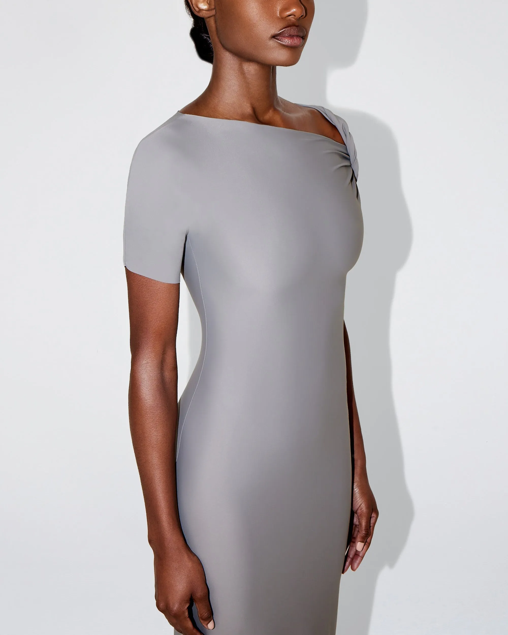 Sleek Stretch Twist Maxi Dress | Steel Grey