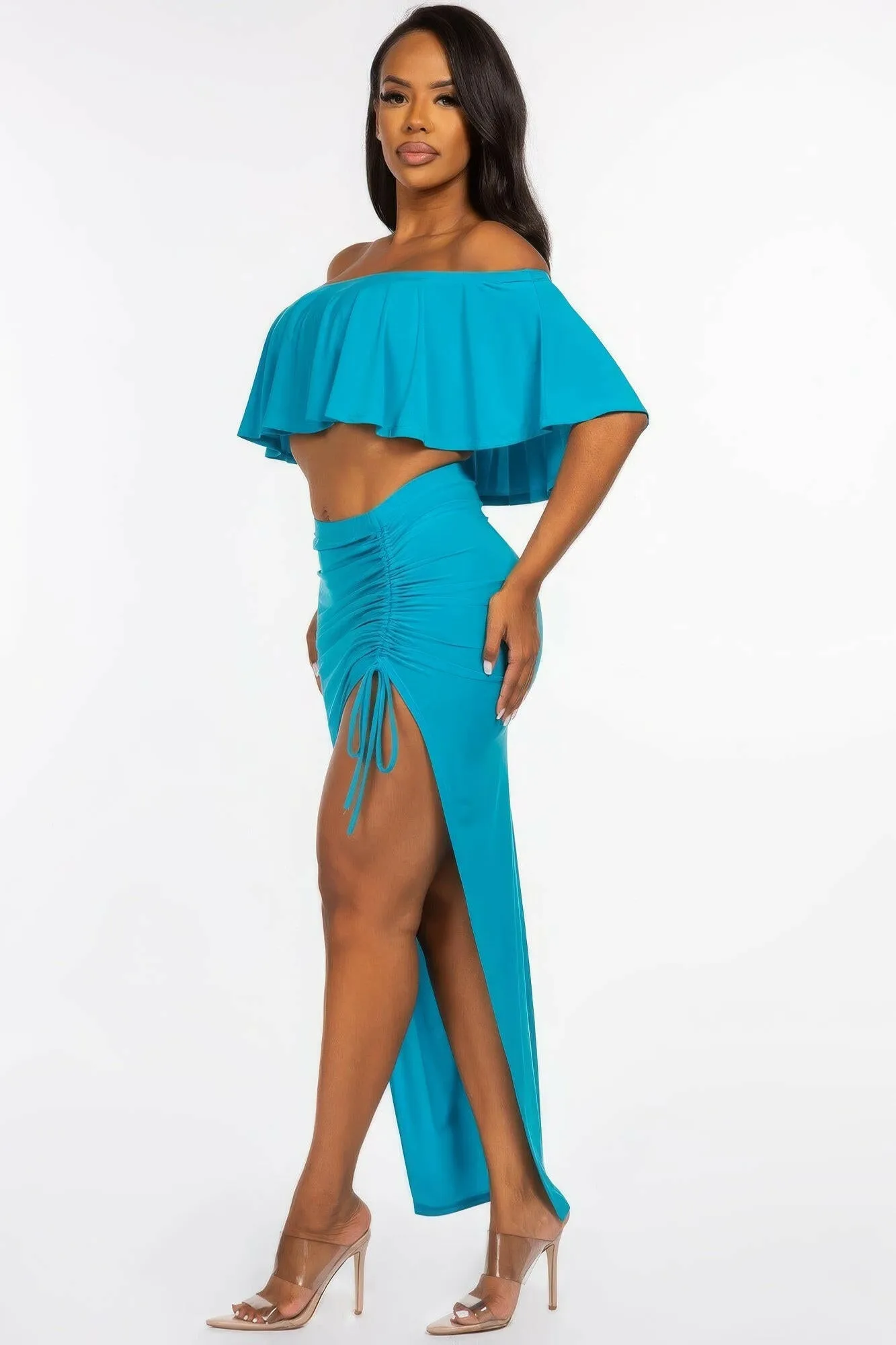 Solid Ity Off The Shoulder Ruffled Cropped Top And Ruched Maxi Skirt Two Piece