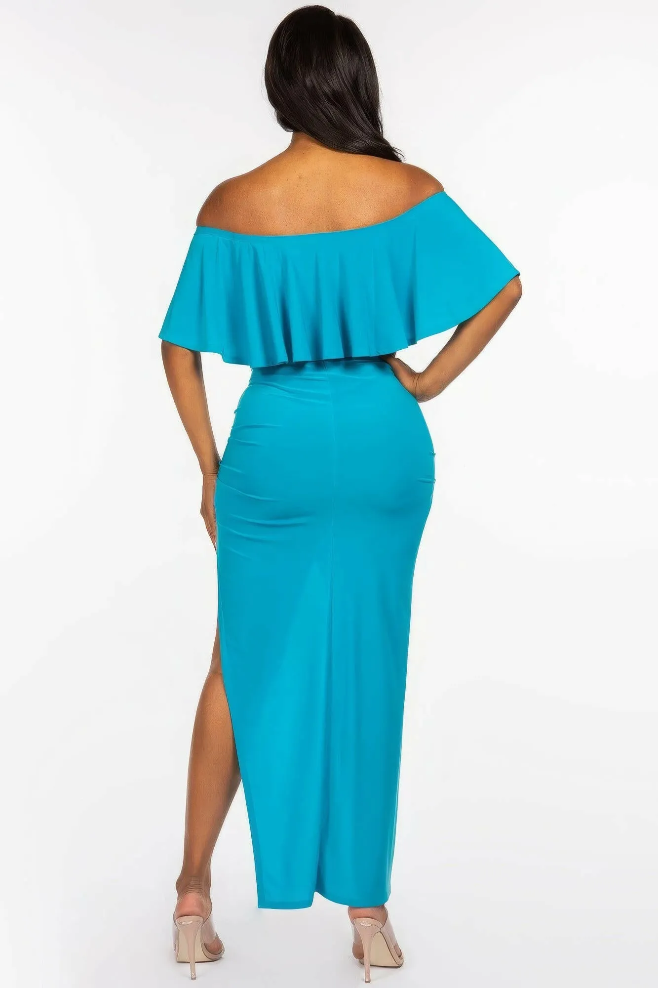 Solid Ity Off The Shoulder Ruffled Cropped Top And Ruched Maxi Skirt Two Piece