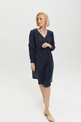 Sophie | Classy Wrap Dress with Puff Sleeves and Tie Waist in Dark Blue