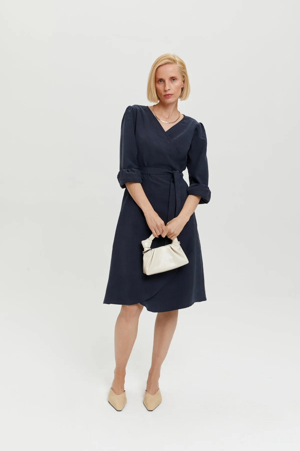 Sophie | Classy Wrap Dress with Puff Sleeves and Tie Waist in Dark Blue