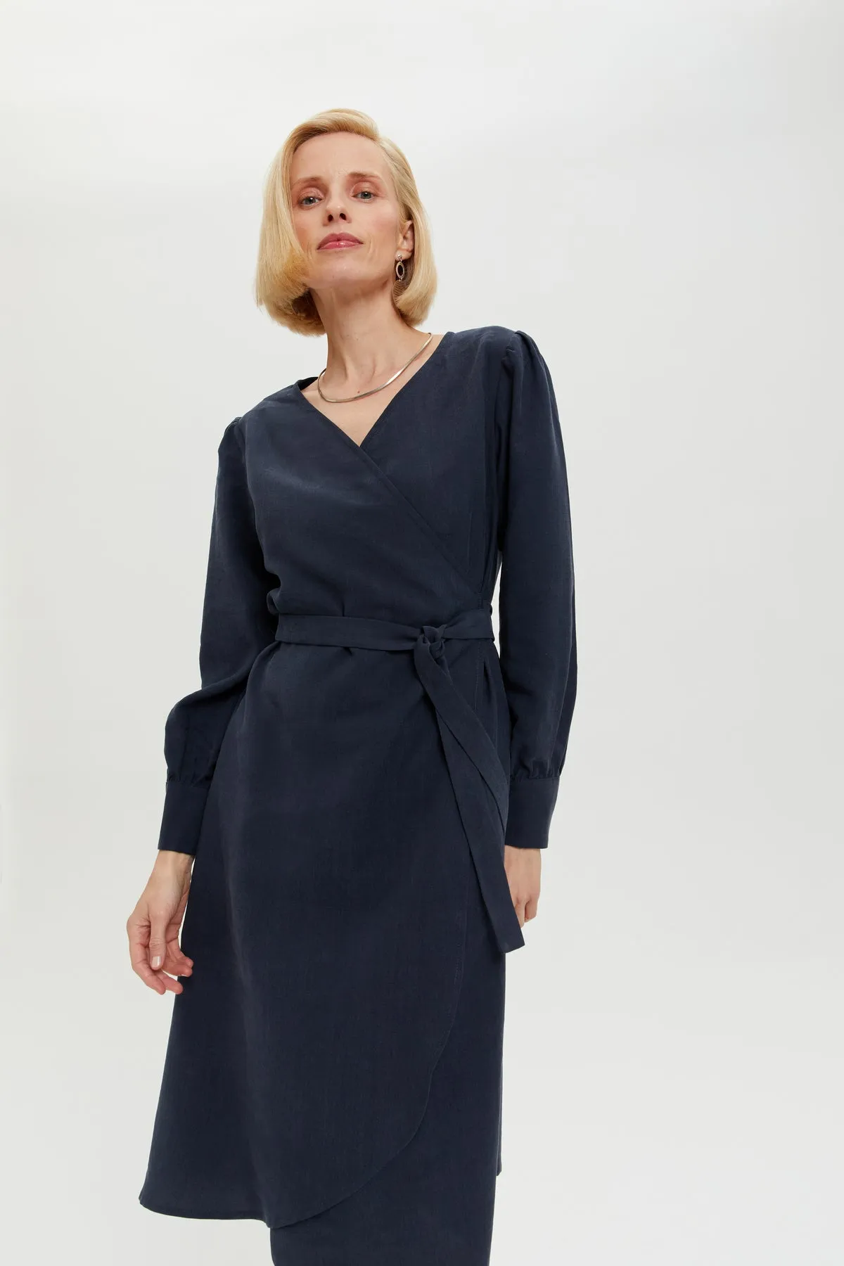 Sophie | Classy Wrap Dress with Puff Sleeves and Tie Waist in Dark Blue