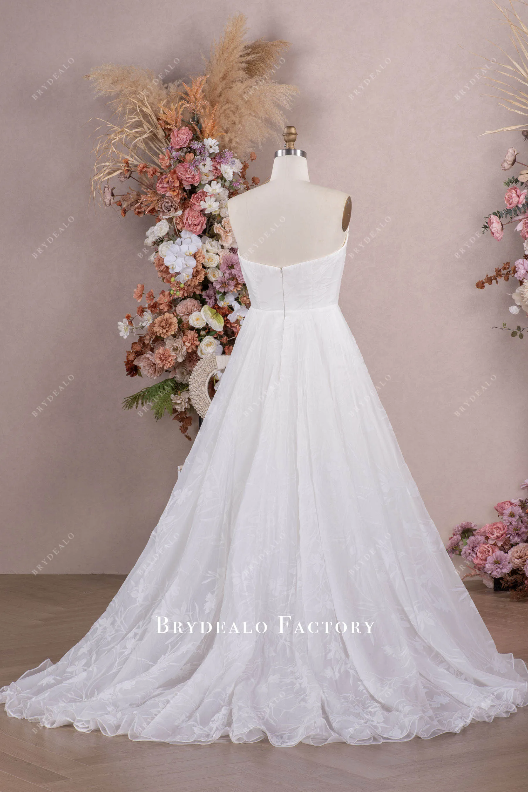 Strapless Print Organza Natural Waist Spring Fall Wedding Dress