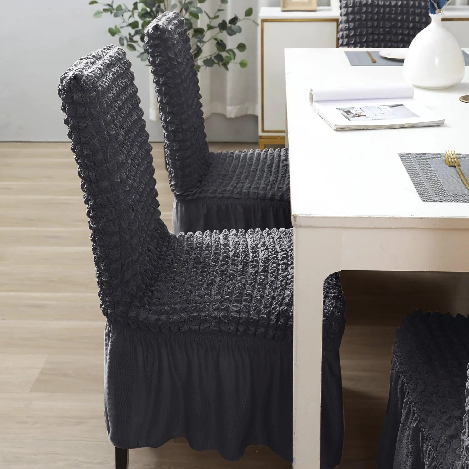 Stretchable 240-260 GSM Turkish Bubble Frill Dining Chair Cover Set of 1/2/4/6, Anchor Grey