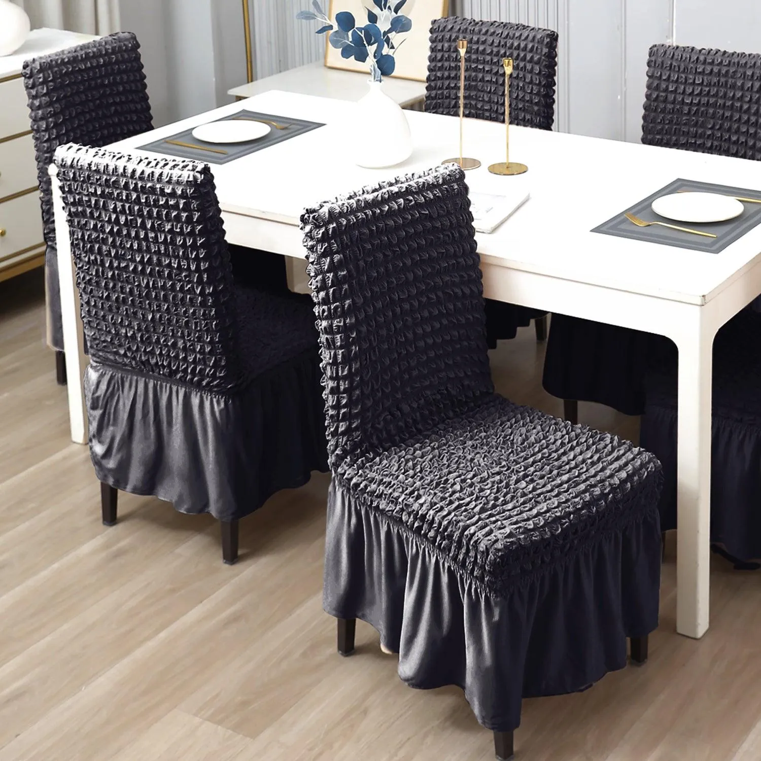 Stretchable 240-260 GSM Turkish Bubble Frill Dining Chair Cover Set of 1/2/4/6, Anchor Grey