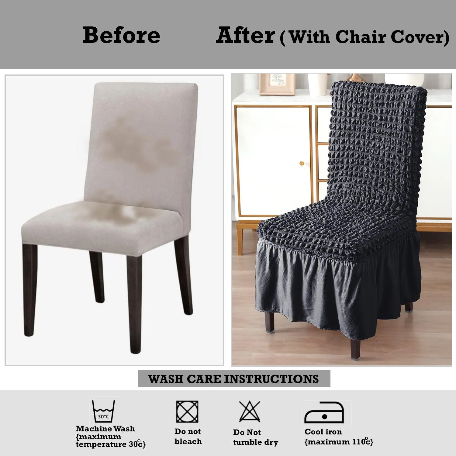 Stretchable 240-260 GSM Turkish Bubble Frill Dining Chair Cover Set of 1/2/4/6, Anchor Grey