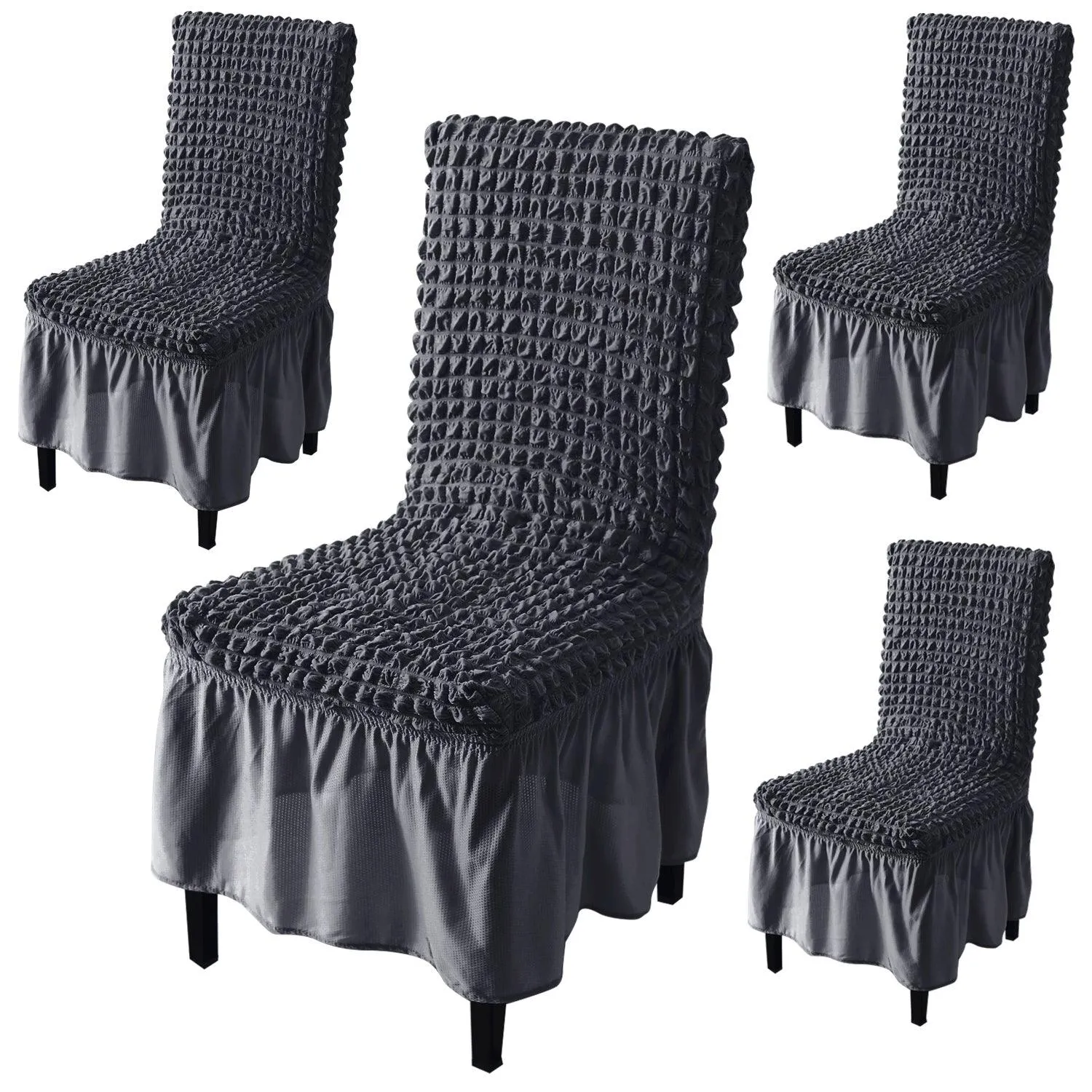 Stretchable 240-260 GSM Turkish Bubble Frill Dining Chair Cover Set of 1/2/4/6, Anchor Grey