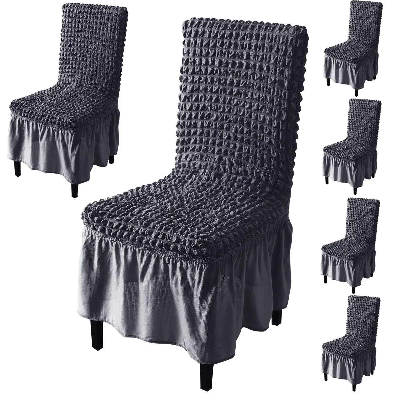 Stretchable 240-260 GSM Turkish Bubble Frill Dining Chair Cover Set of 1/2/4/6, Anchor Grey