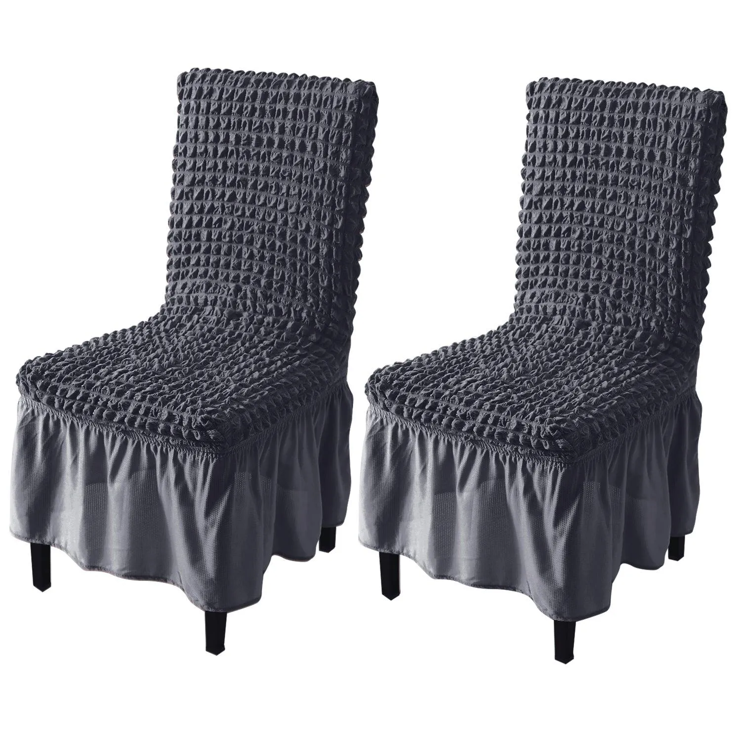 Stretchable 240-260 GSM Turkish Bubble Frill Dining Chair Cover Set of 1/2/4/6, Anchor Grey