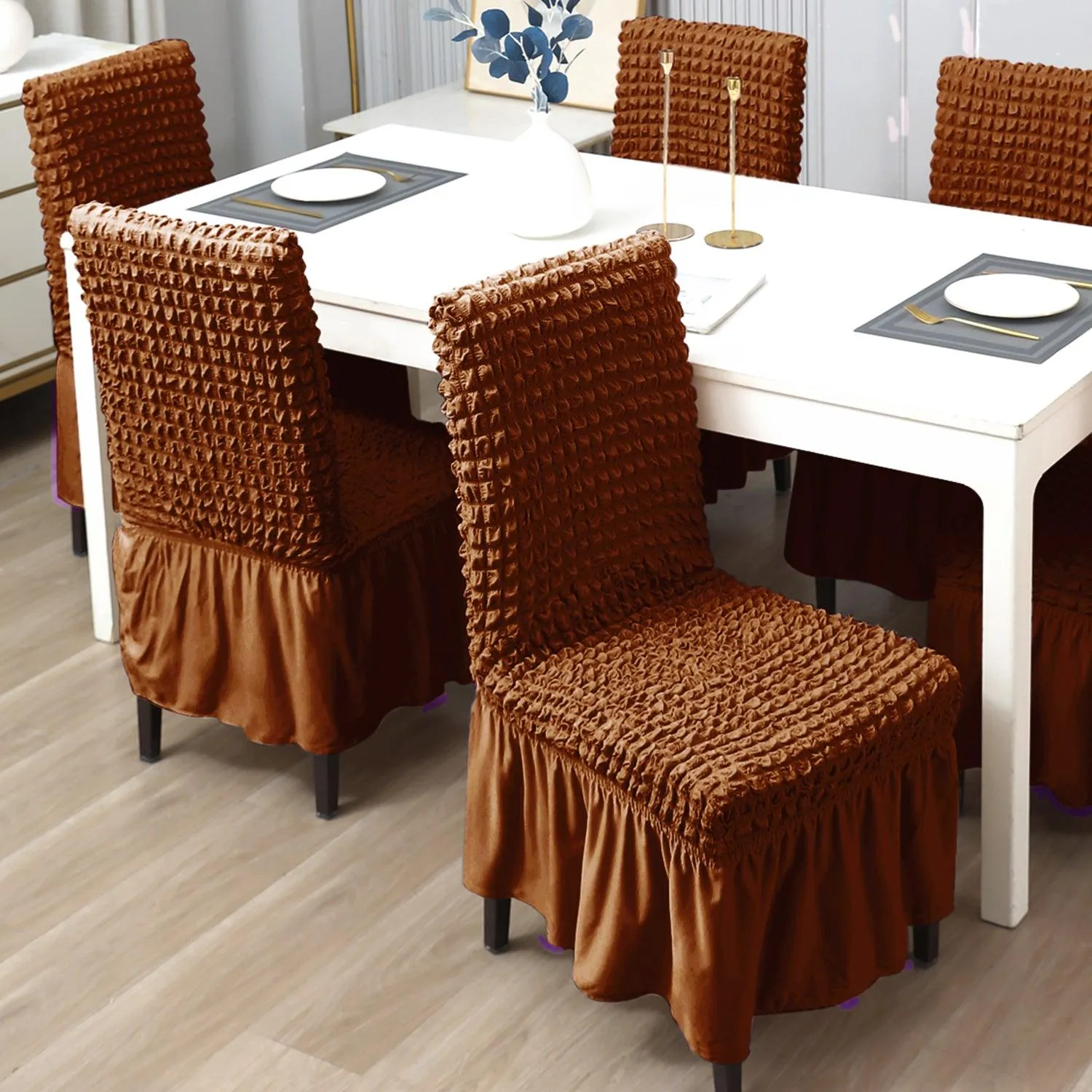 Stretchable 240-260 GSM Turkish Bubble Frill Dining Chair Cover Set of 1/2/4/6, Chocolate Brown