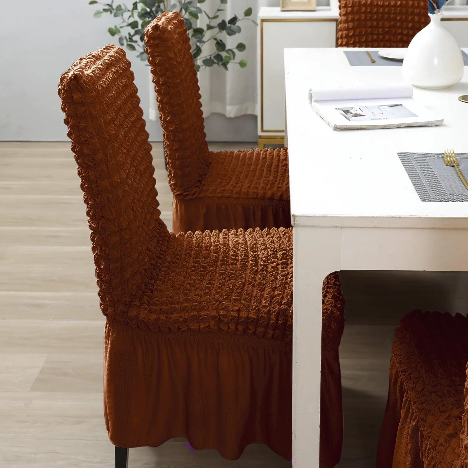 Stretchable 240-260 GSM Turkish Bubble Frill Dining Chair Cover Set of 1/2/4/6, Chocolate Brown