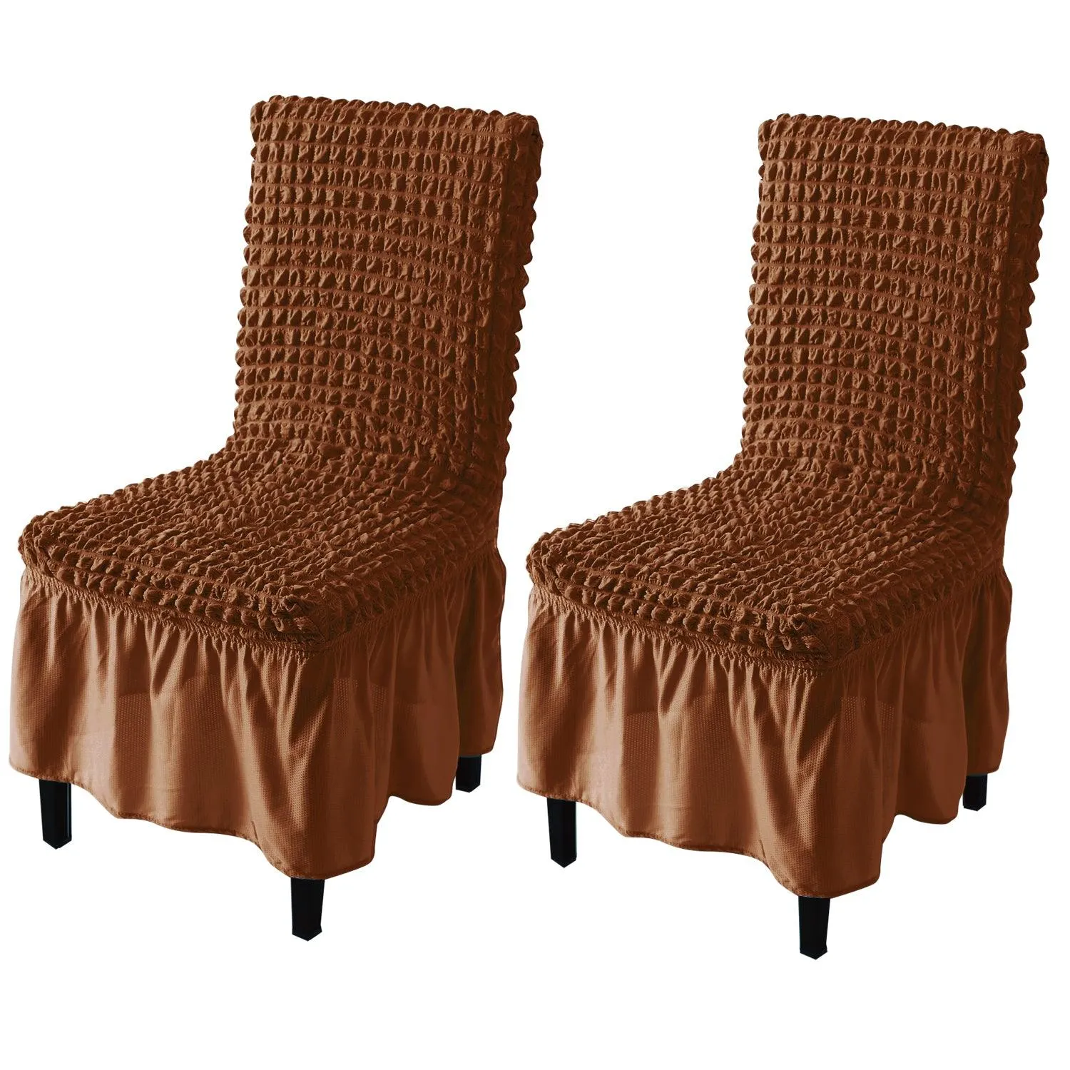 Stretchable 240-260 GSM Turkish Bubble Frill Dining Chair Cover Set of 1/2/4/6, Chocolate Brown