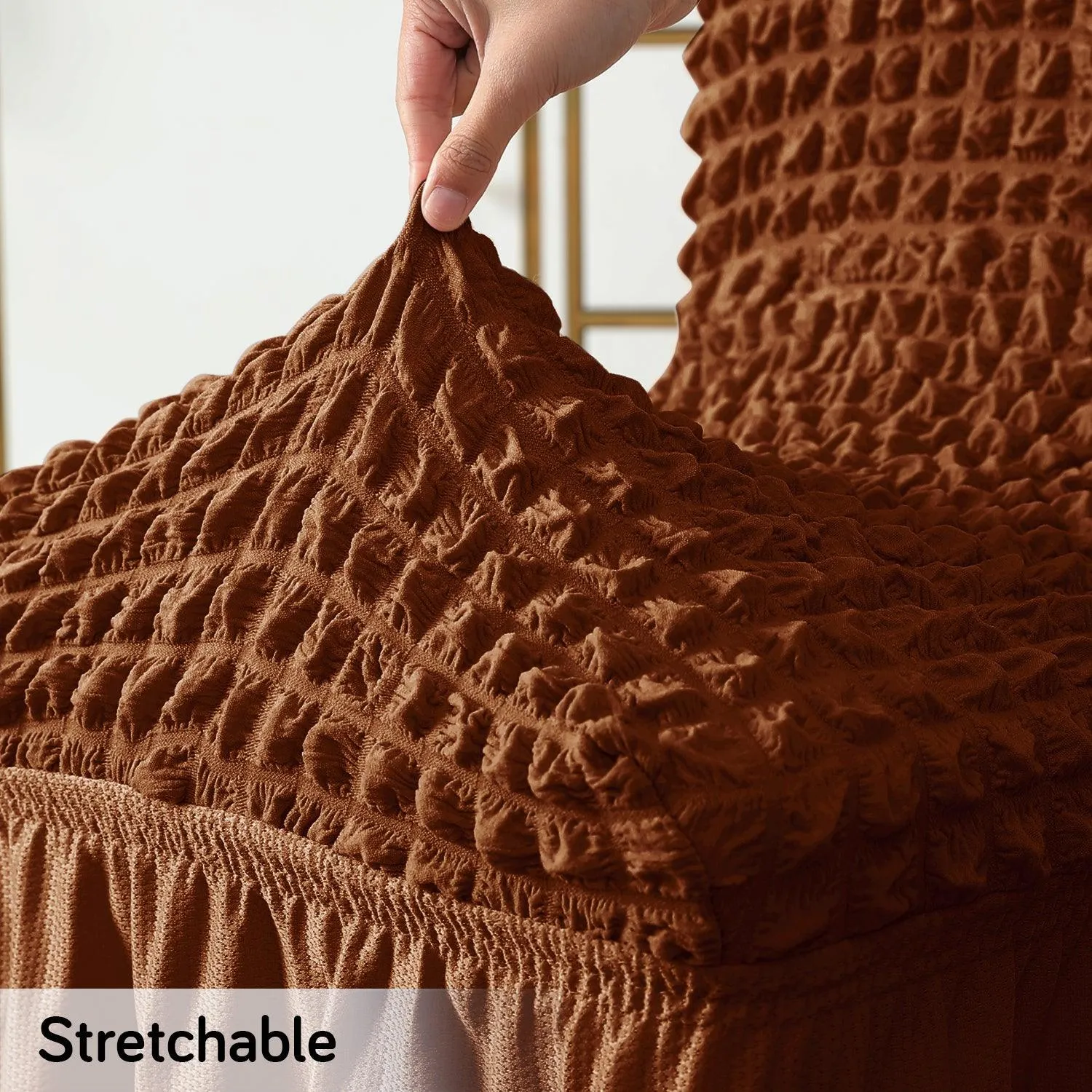 Stretchable 240-260 GSM Turkish Bubble Frill Dining Chair Cover Set of 1/2/4/6, Chocolate Brown