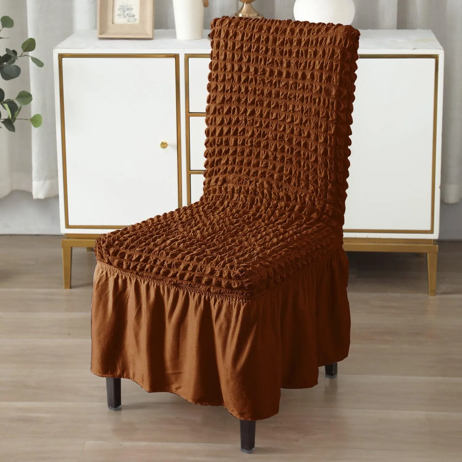 Stretchable 240-260 GSM Turkish Bubble Frill Dining Chair Cover Set of 1/2/4/6, Chocolate Brown