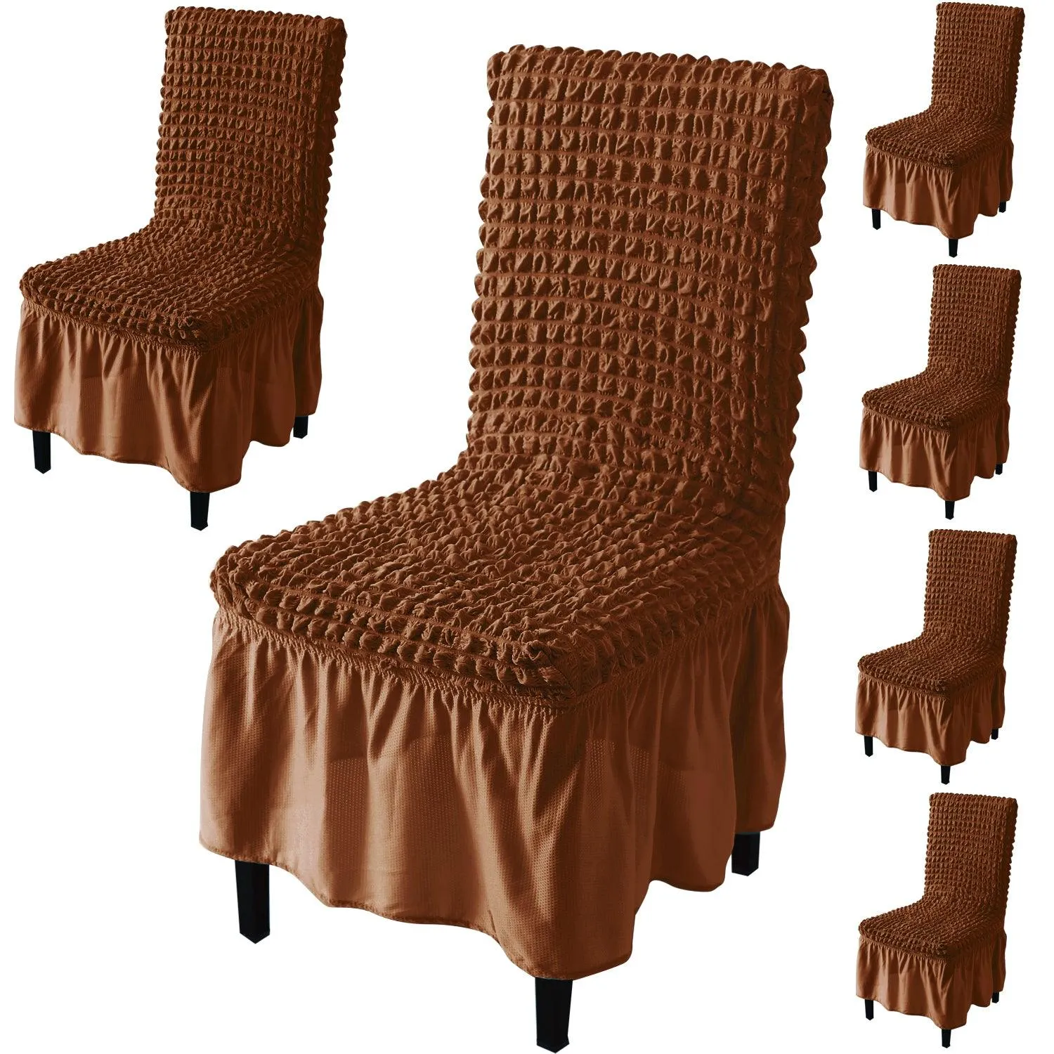 Stretchable 240-260 GSM Turkish Bubble Frill Dining Chair Cover Set of 1/2/4/6, Chocolate Brown