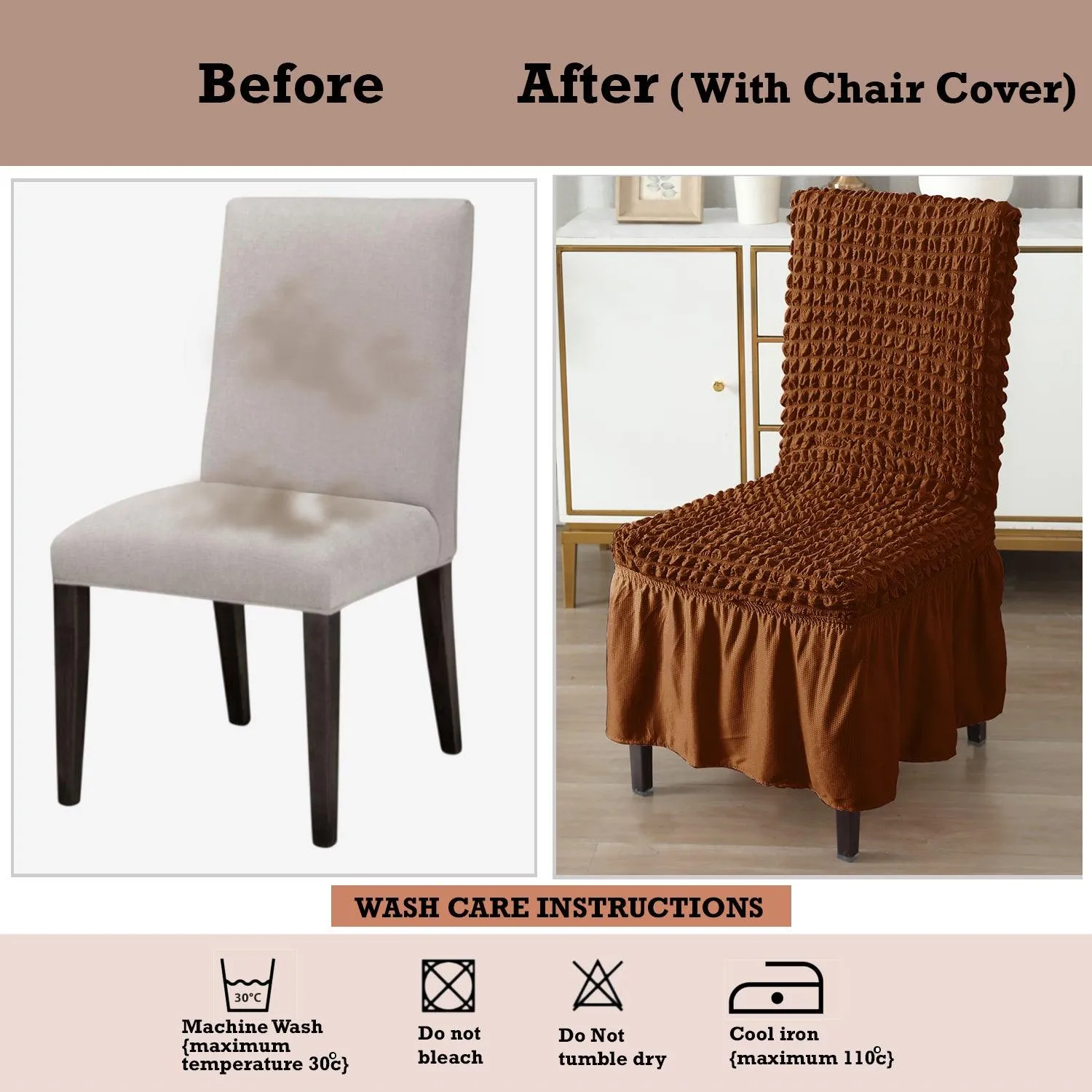 Stretchable 240-260 GSM Turkish Bubble Frill Dining Chair Cover Set of 1/2/4/6, Chocolate Brown