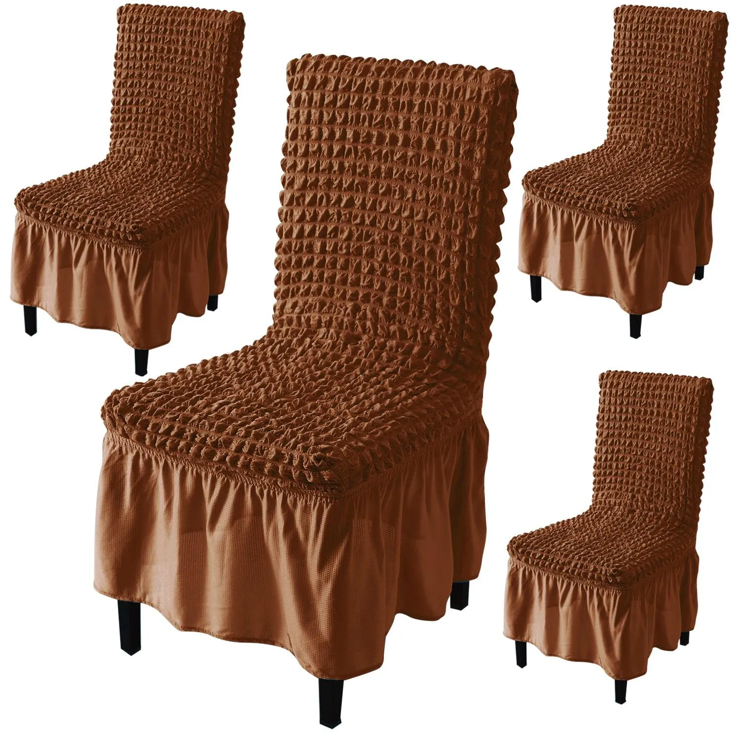 Stretchable 240-260 GSM Turkish Bubble Frill Dining Chair Cover Set of 1/2/4/6, Chocolate Brown