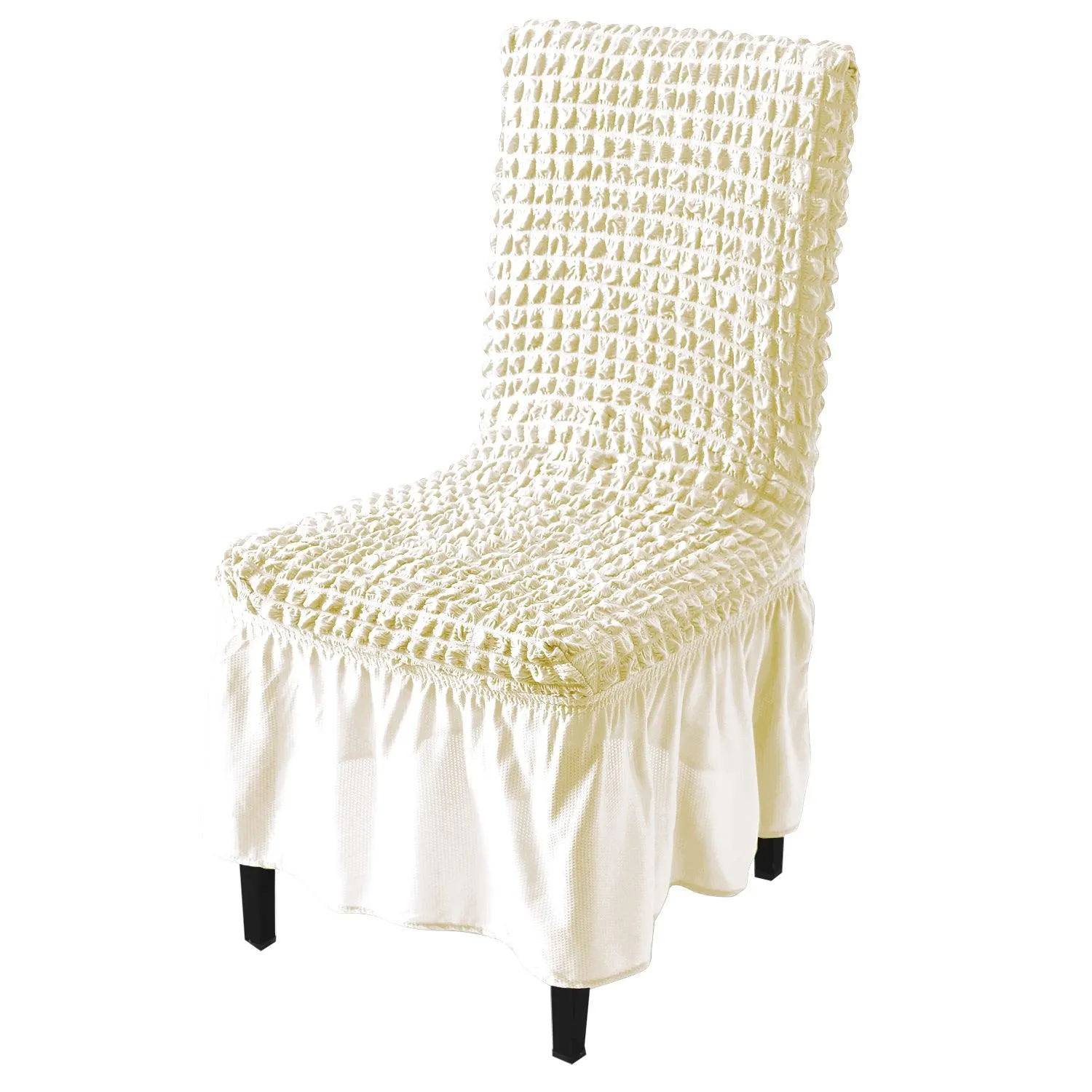 Stretchable 240-260 GSM Turkish Bubble Frill Dining Chair Cover Set of 1/2/4/6, Cream