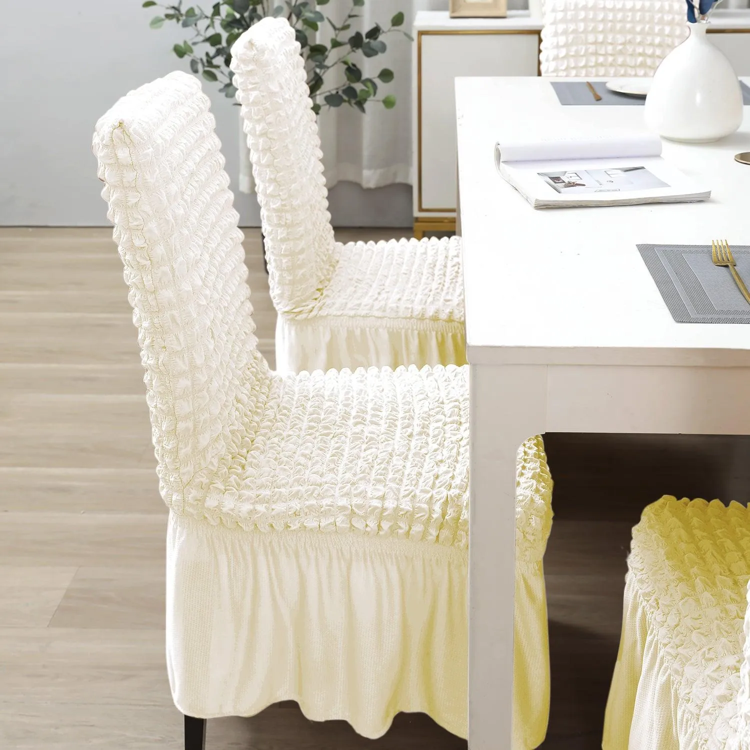 Stretchable 240-260 GSM Turkish Bubble Frill Dining Chair Cover Set of 1/2/4/6, Cream