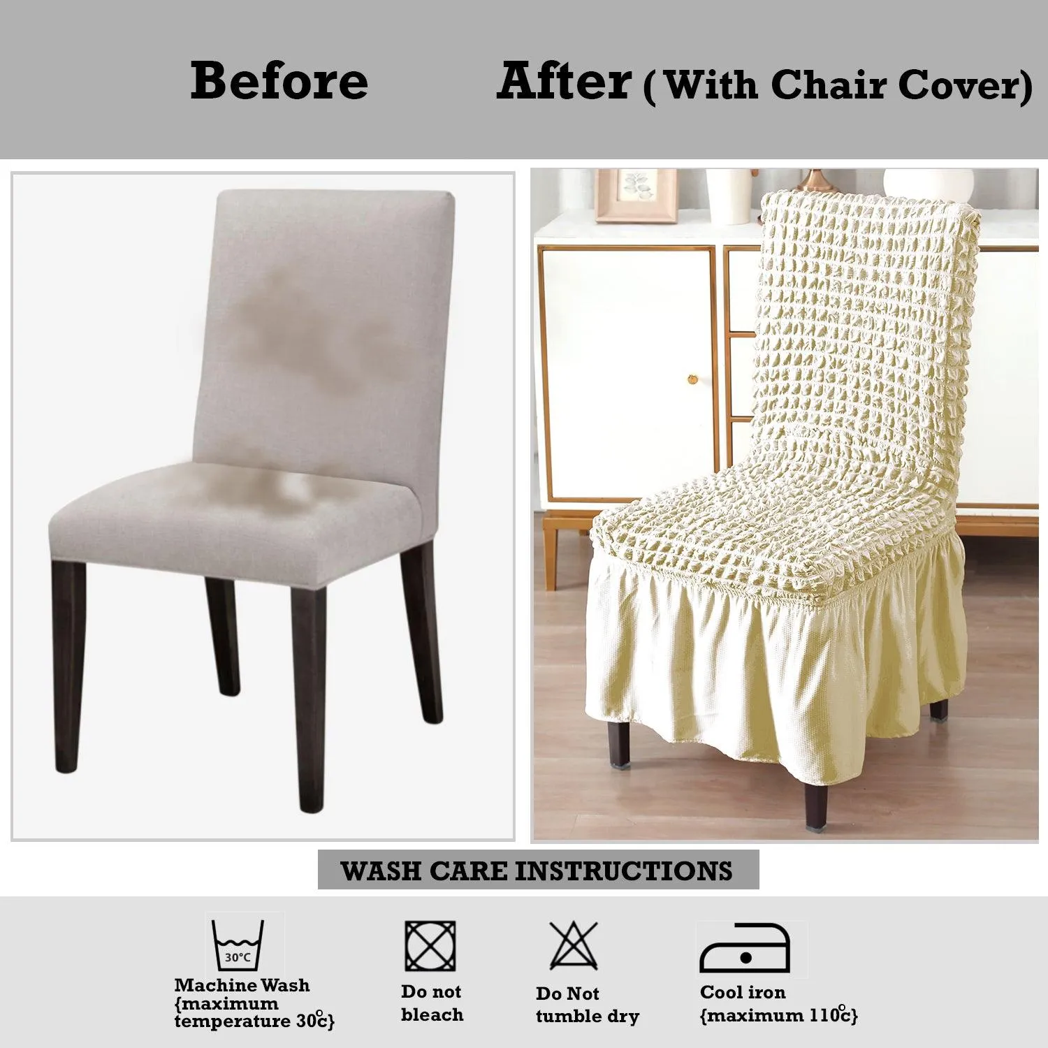 Stretchable 240-260 GSM Turkish Bubble Frill Dining Chair Cover Set of 1/2/4/6, Cream