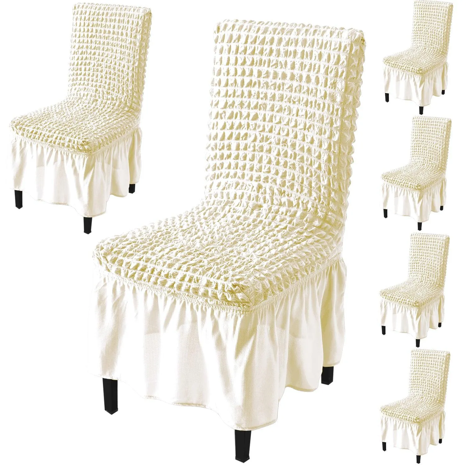 Stretchable 240-260 GSM Turkish Bubble Frill Dining Chair Cover Set of 1/2/4/6, Cream