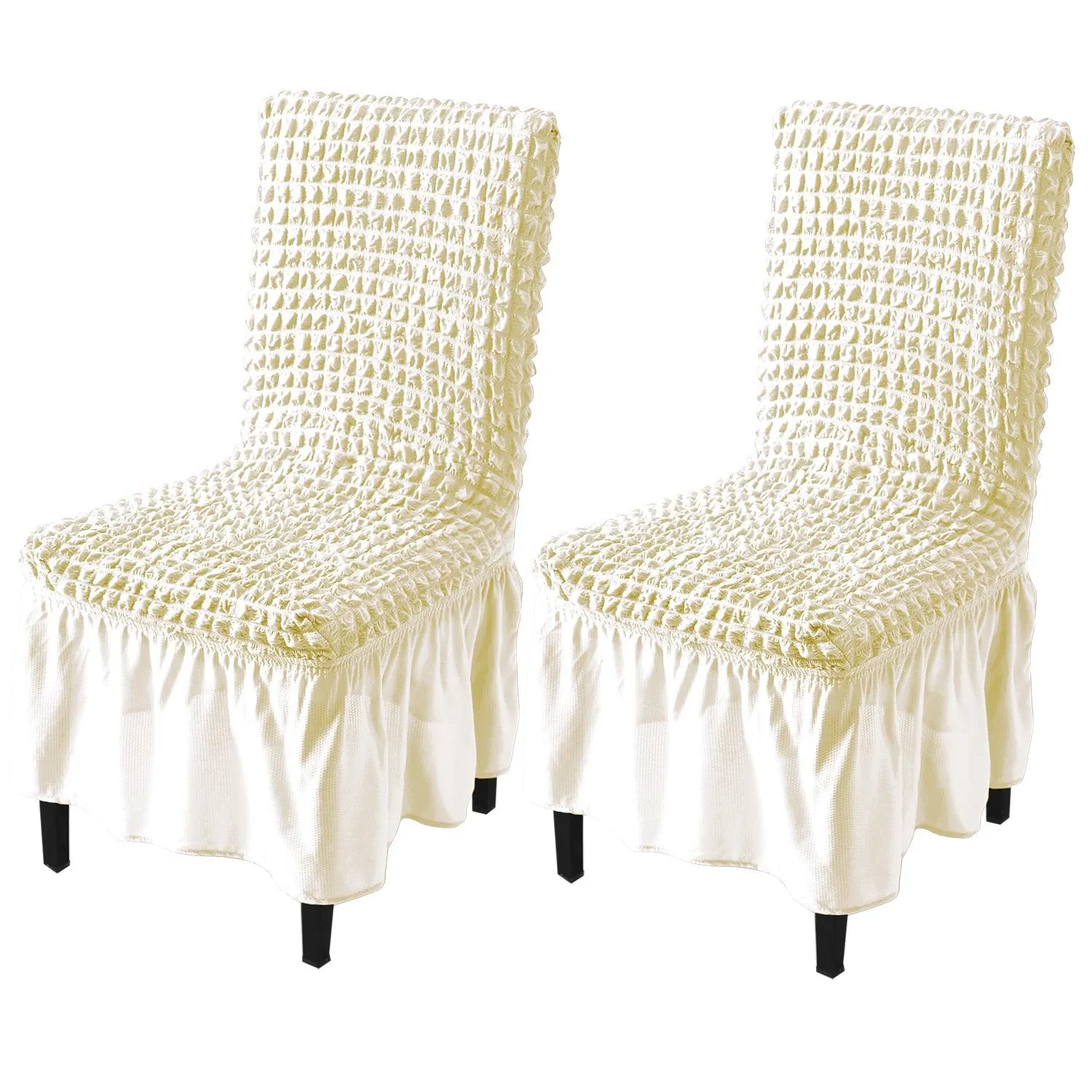 Stretchable 240-260 GSM Turkish Bubble Frill Dining Chair Cover Set of 1/2/4/6, Cream