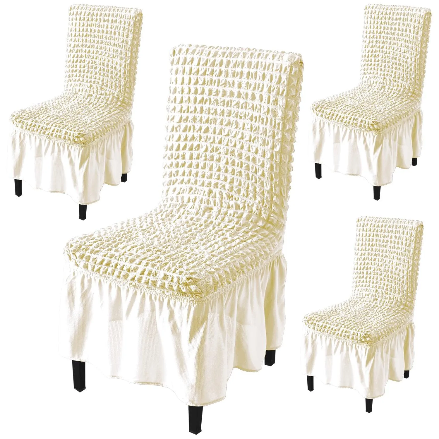 Stretchable 240-260 GSM Turkish Bubble Frill Dining Chair Cover Set of 1/2/4/6, Cream