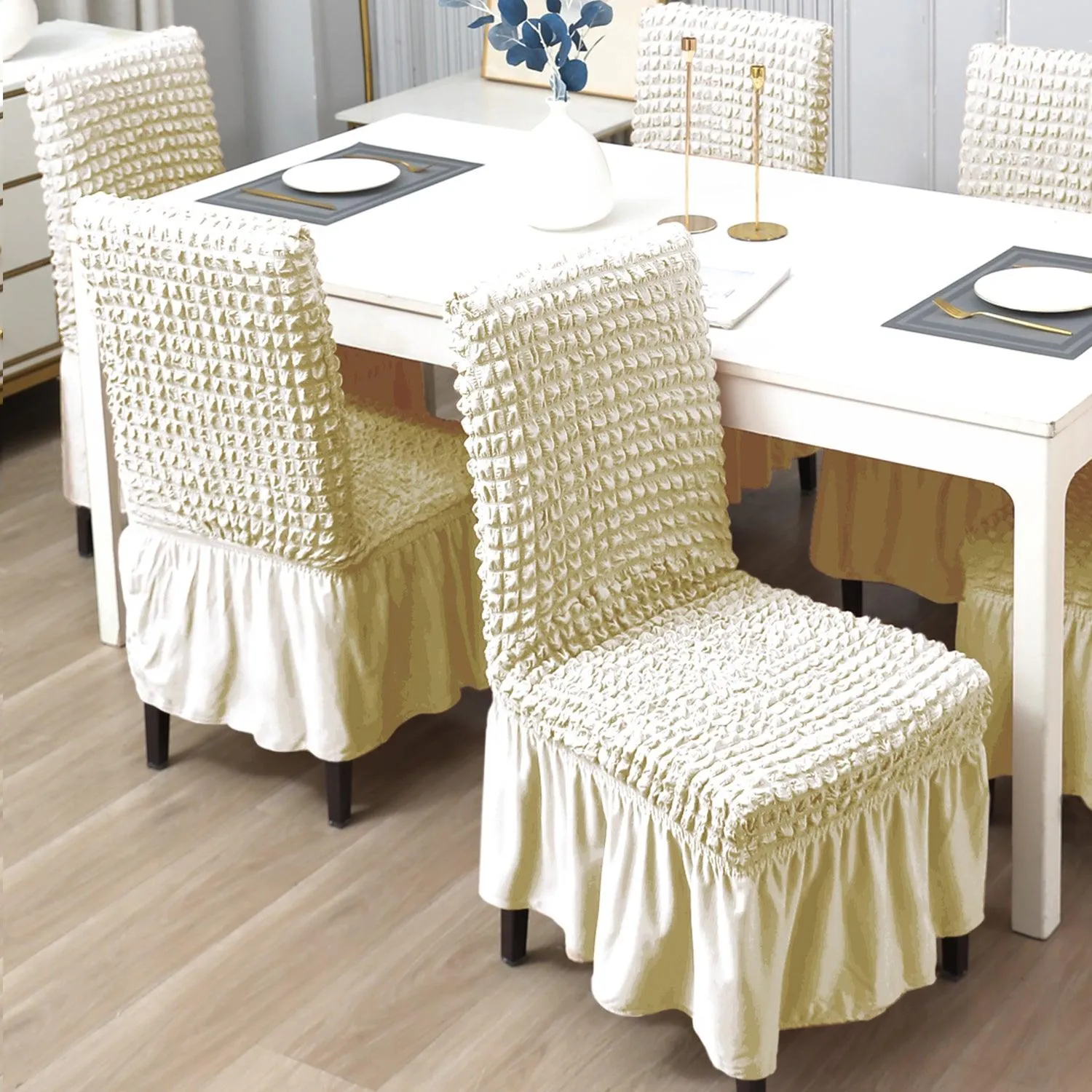 Stretchable 240-260 GSM Turkish Bubble Frill Dining Chair Cover Set of 1/2/4/6, Cream