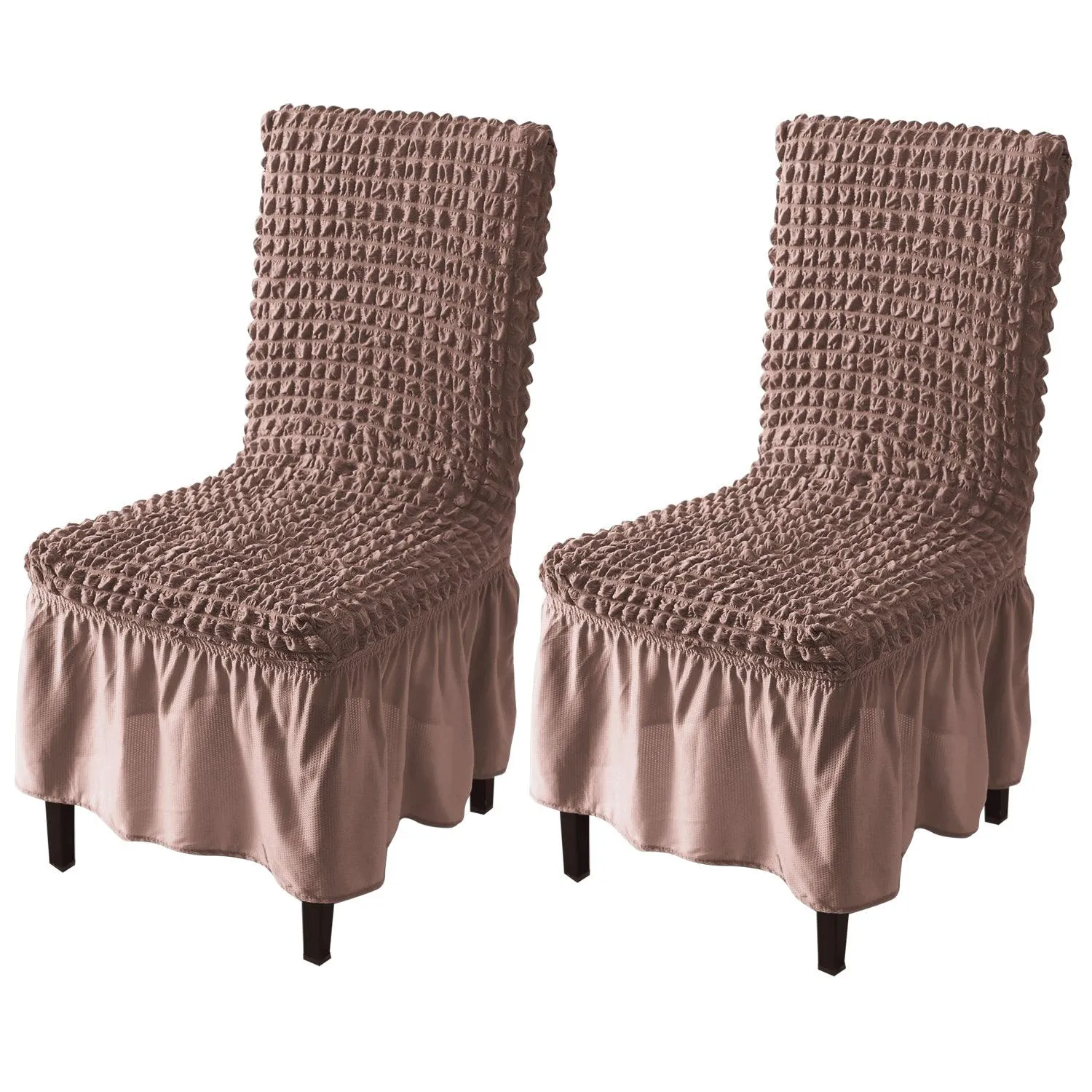 Stretchable 240-260 GSM Turkish Bubble Frill Dining Chair Cover Set of 1/2/4/6, Mocha