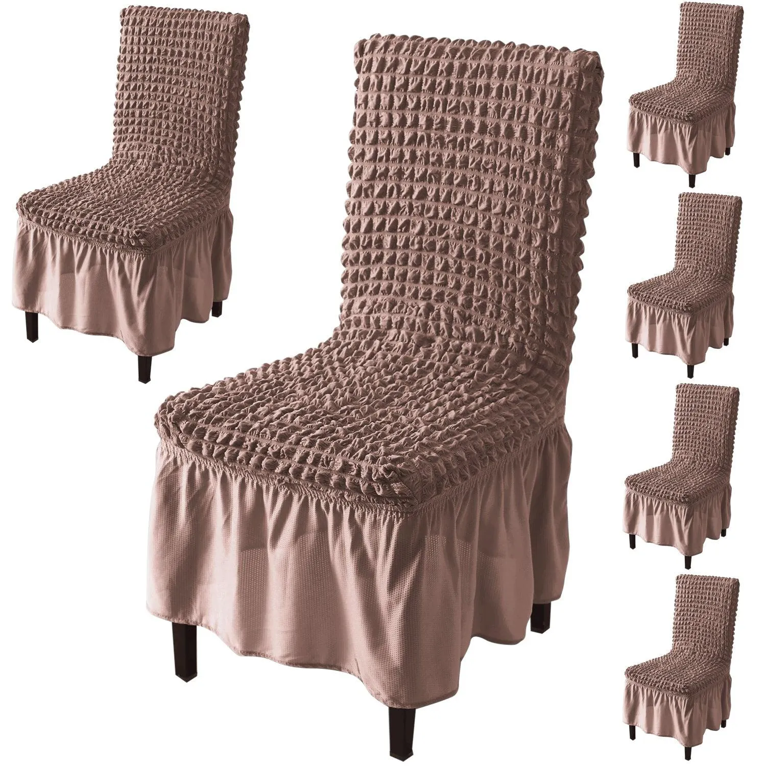 Stretchable 240-260 GSM Turkish Bubble Frill Dining Chair Cover Set of 1/2/4/6, Mocha