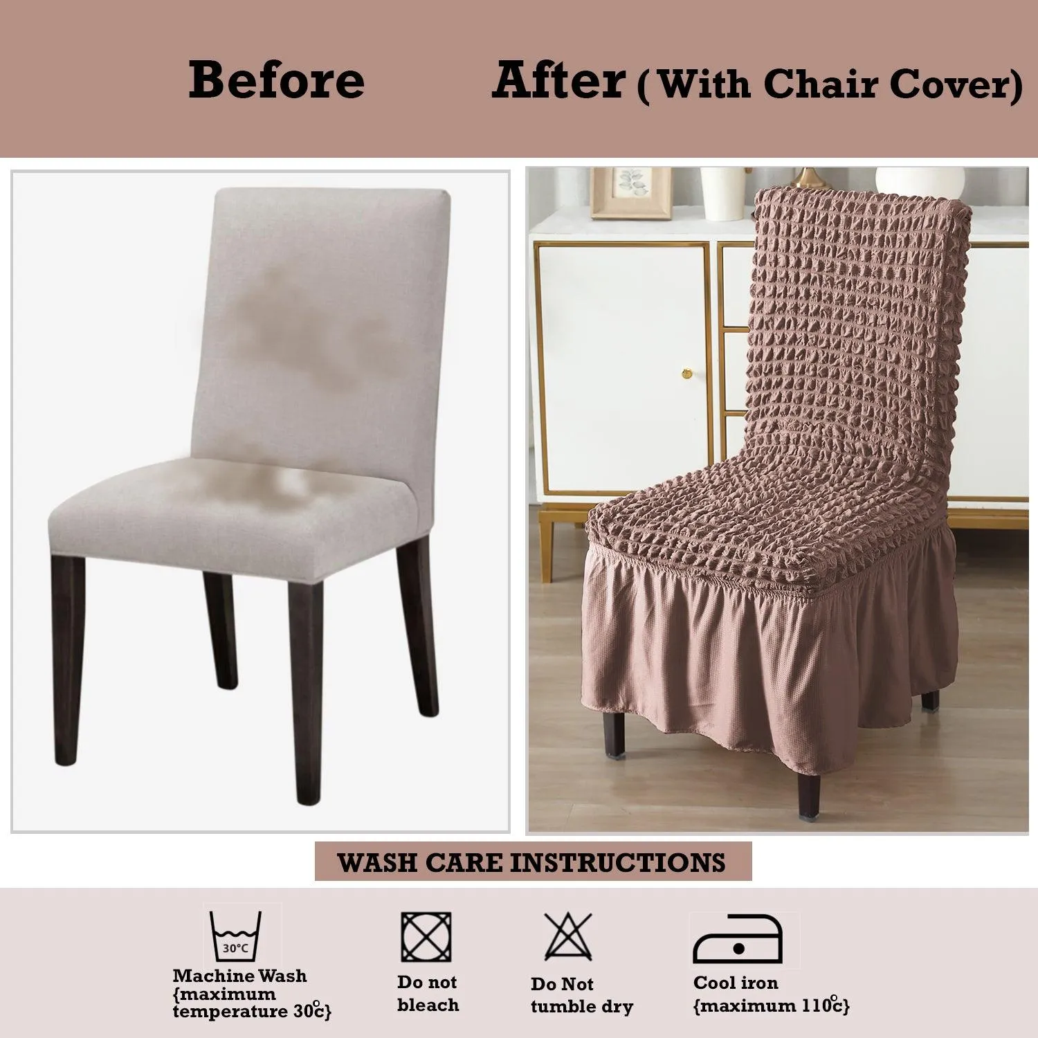 Stretchable 240-260 GSM Turkish Bubble Frill Dining Chair Cover Set of 1/2/4/6, Mocha