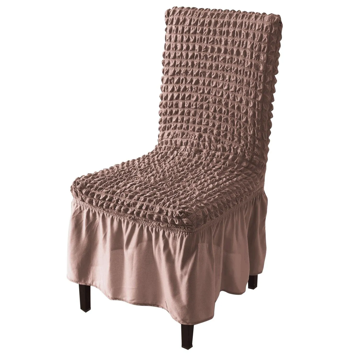 Stretchable 240-260 GSM Turkish Bubble Frill Dining Chair Cover Set of 1/2/4/6, Mocha