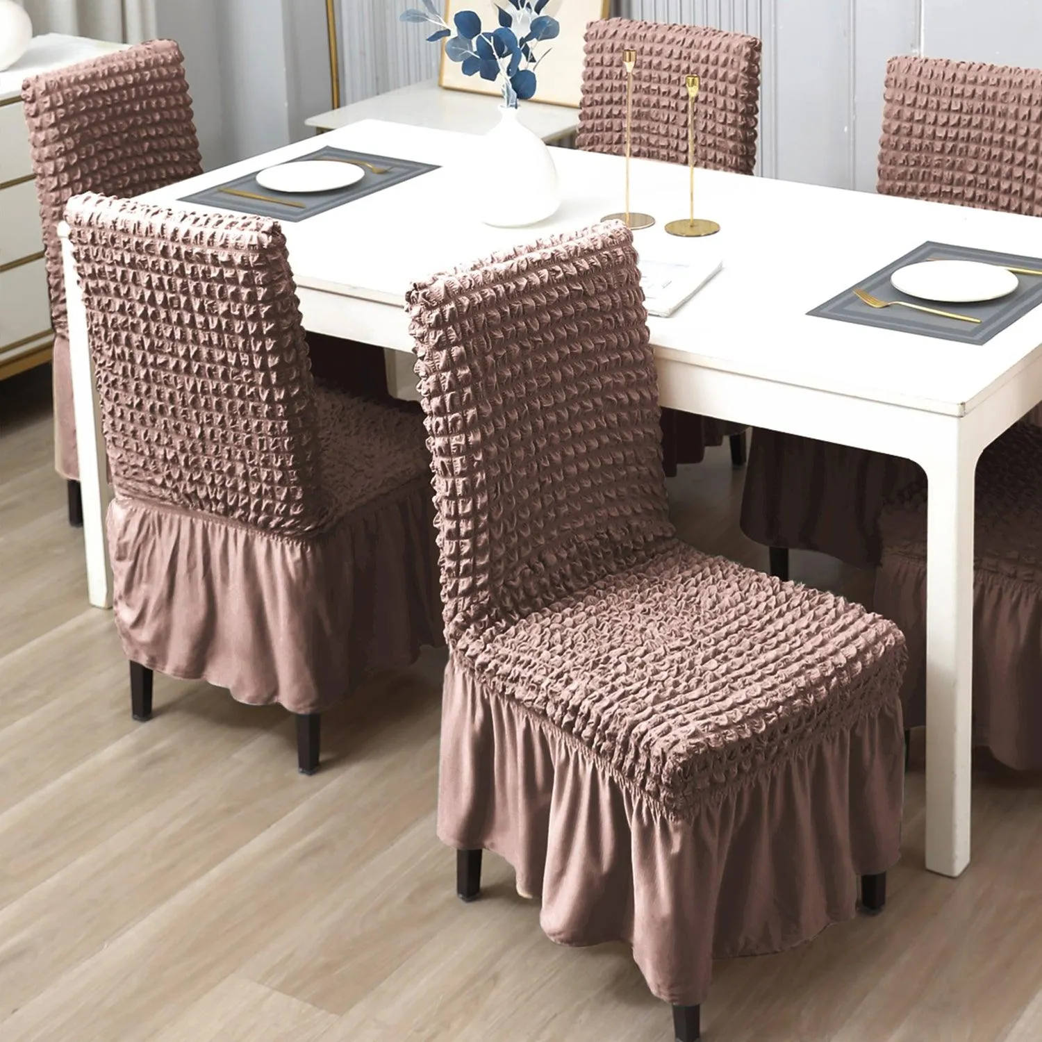 Stretchable 240-260 GSM Turkish Bubble Frill Dining Chair Cover Set of 1/2/4/6, Mocha