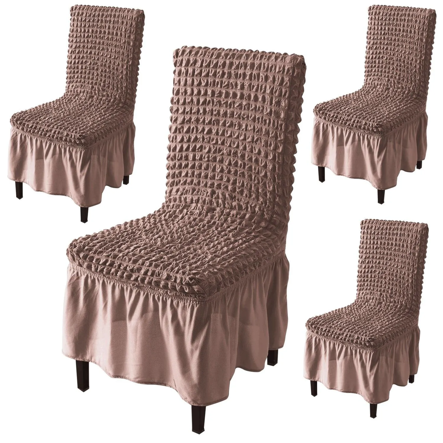 Stretchable 240-260 GSM Turkish Bubble Frill Dining Chair Cover Set of 1/2/4/6, Mocha