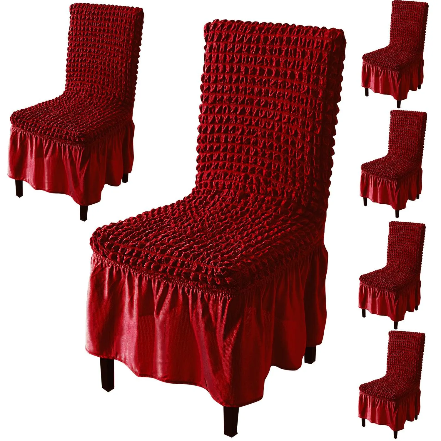 Stretchable 240-260 GSM Turkish Bubble Frill Dining Chair Cover Set of 1/2/4/6, Scarlet Red