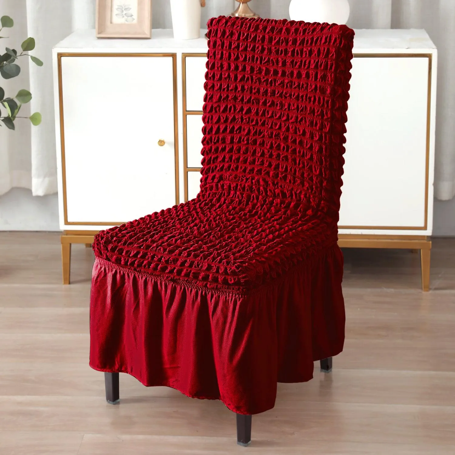 Stretchable 240-260 GSM Turkish Bubble Frill Dining Chair Cover Set of 1/2/4/6, Scarlet Red