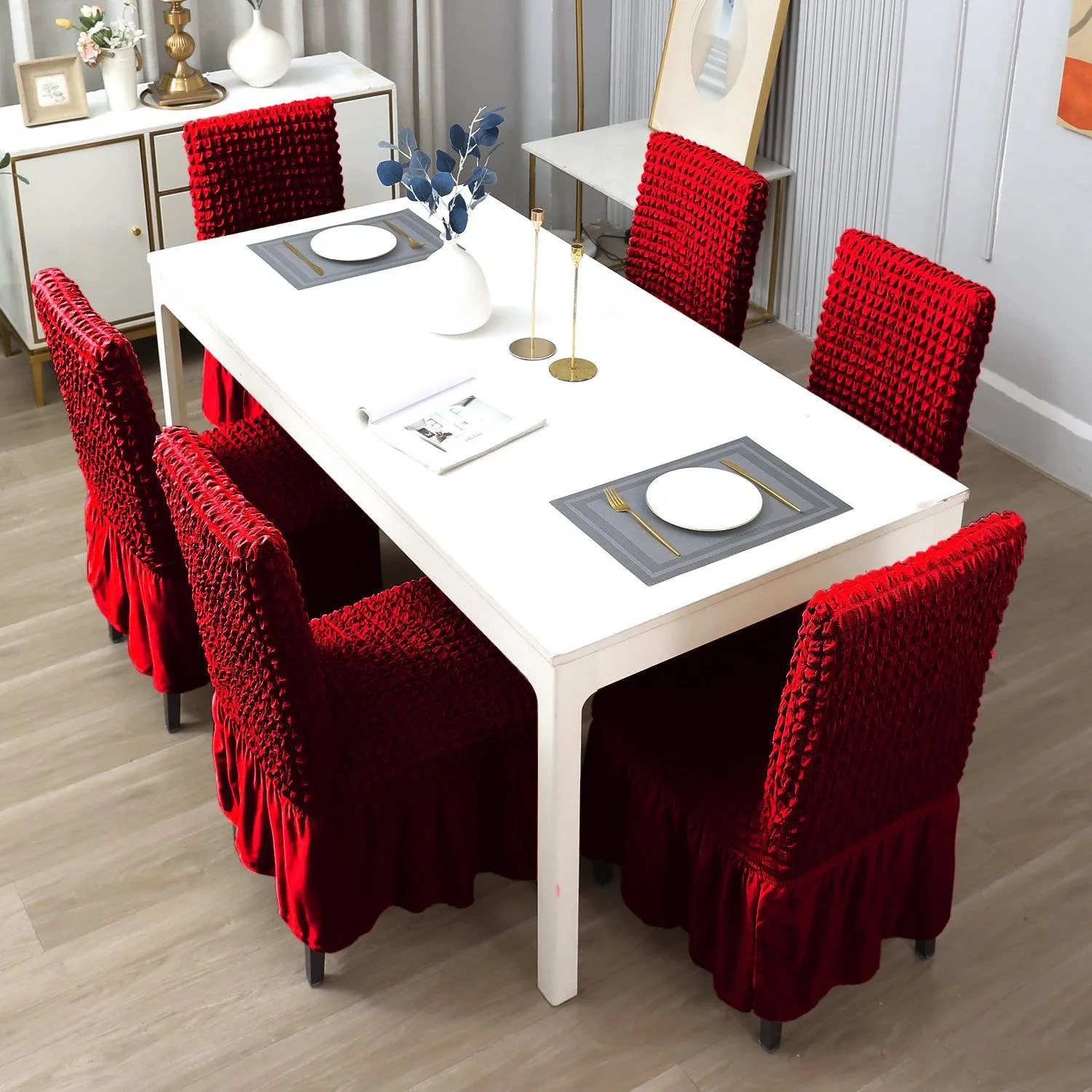 Stretchable 240-260 GSM Turkish Bubble Frill Dining Chair Cover Set of 1/2/4/6, Scarlet Red