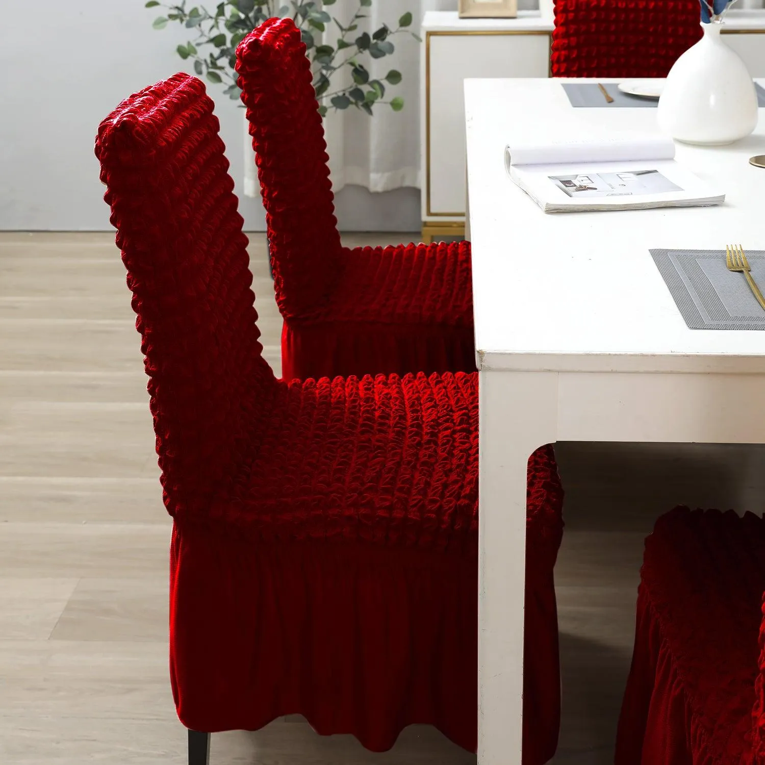 Stretchable 240-260 GSM Turkish Bubble Frill Dining Chair Cover Set of 1/2/4/6, Scarlet Red