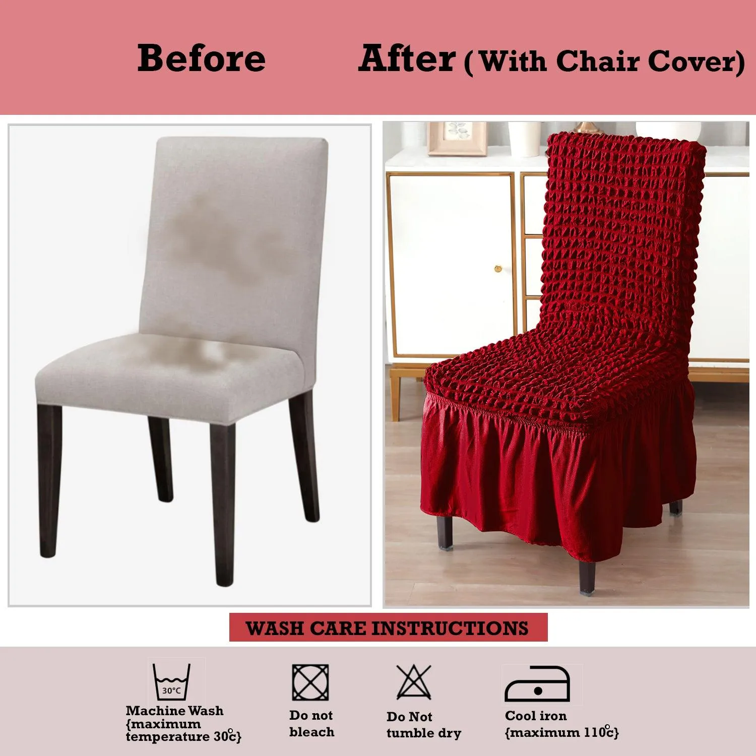 Stretchable 240-260 GSM Turkish Bubble Frill Dining Chair Cover Set of 1/2/4/6, Scarlet Red