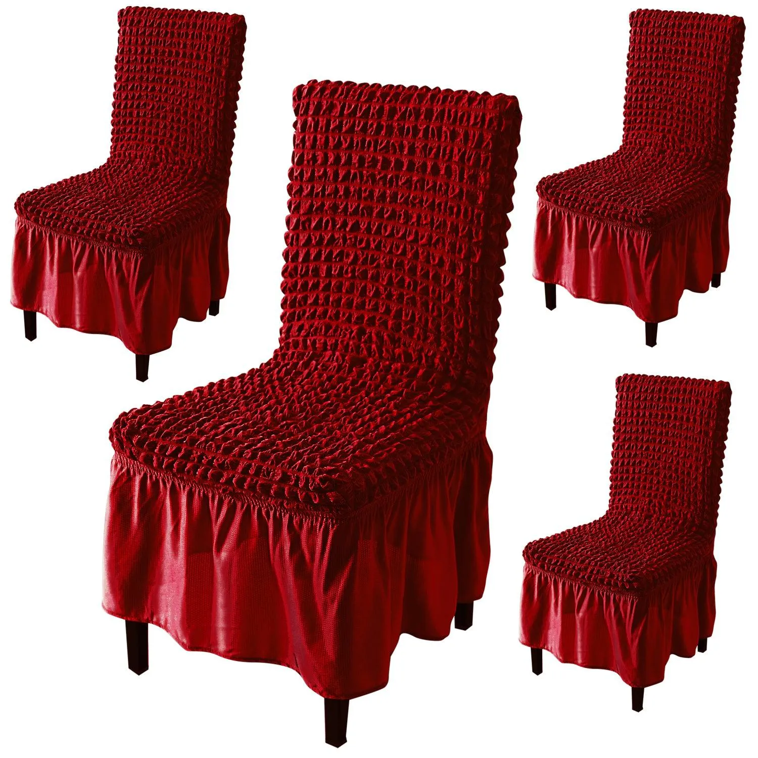 Stretchable 240-260 GSM Turkish Bubble Frill Dining Chair Cover Set of 1/2/4/6, Scarlet Red